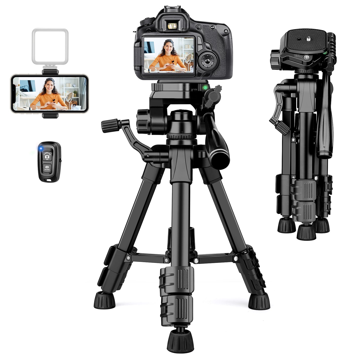 JOILCAN Mini Tripod for Camera, Aluminium 25inch Portable Tripod Stand for iPhone, Lightweight Travel Tripod with Phone Holder & Remote Shutter for Smartphone/DSLR Cameras/Projectors/Video Camcorder(EU)