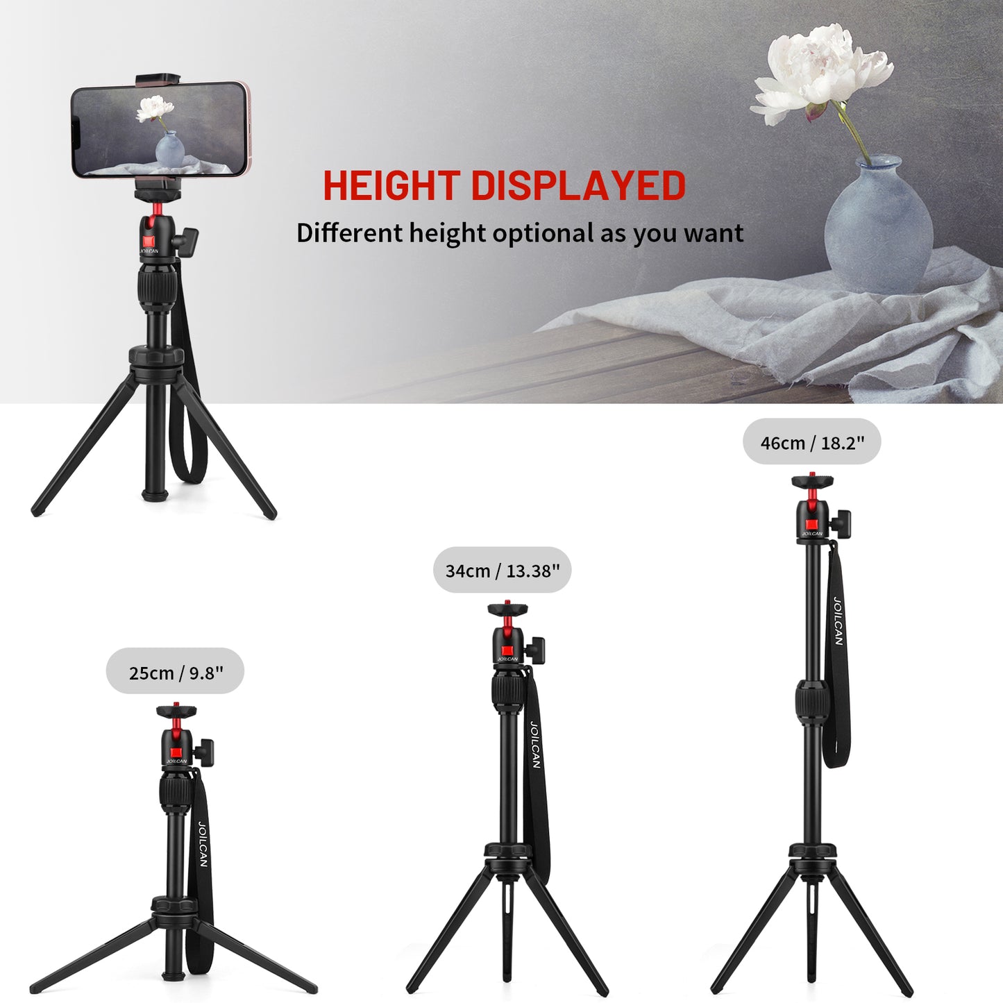 JOILCAN Mini Tripod, Aluminium Portable Desktop Tripod Stand with 360 Degree Ball Head, 1/4 Screw Tabletop Tripod with Selfie Stick for Webcam, Projectors, Compact Camera, Load up to 3 kilograms(EU)