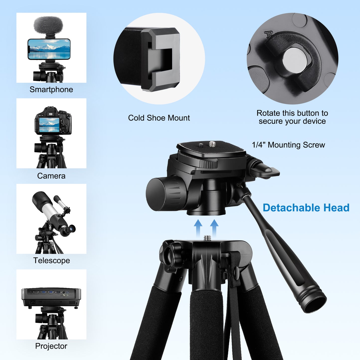 JOILCAN Camera Tripod for Canon Nikon Sony, 65" Aluminum Alloy Tripod Stand with Detachable Head & Phone Holder & Carry Bag, Lightweight DSLR Tripod for Smartphone/Vlog/Streaming, Max Load 5.5kg(EU)