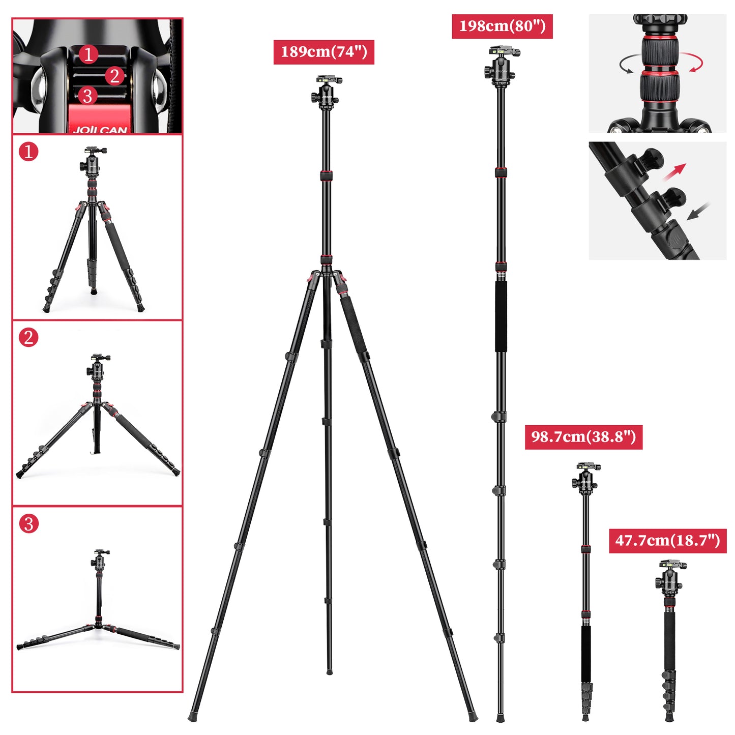 JOILCAN 74" Camera Tripod & Monopod, Aluminum Tripod with Metal Ball Head & Phone Holder, Travel Lightweight Tripod Stand for Canon/Nikon/Sony/DSLR Camera/Smartphone, Load Capacity 13.6kg/30lbs(EU)
