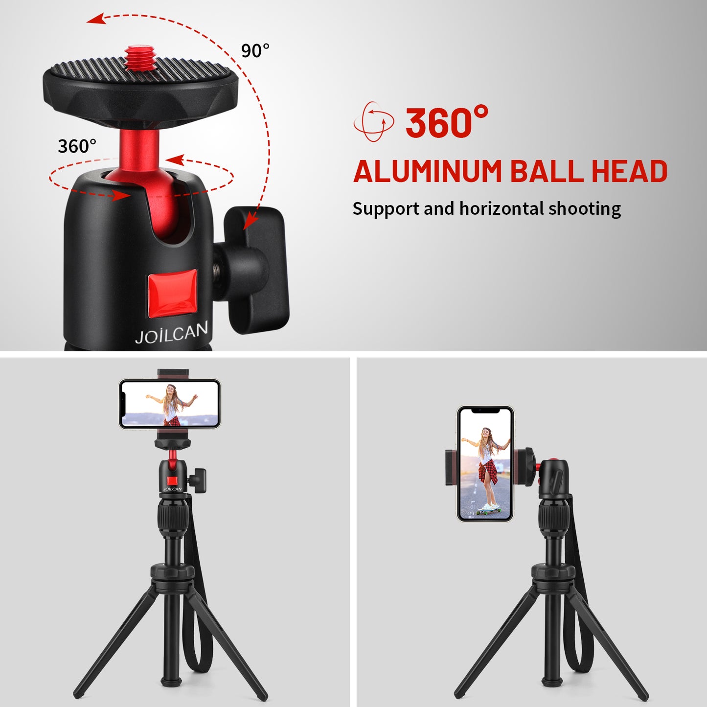 JOILCAN Mini Tripod, Aluminium Portable Desktop Tripod Stand with 360 Degree Ball Head, 1/4 Screw Tabletop Tripod with Selfie Stick for Webcam, Projectors, Compact Camera, Load up to 3 kilograms(EU)