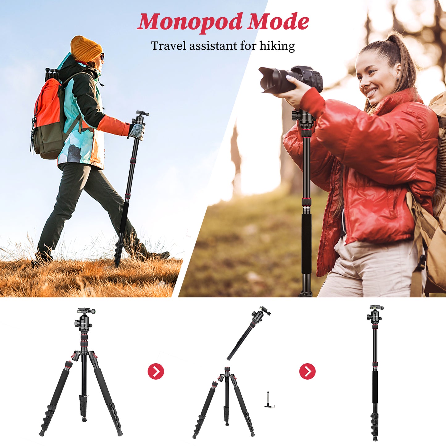 JOILCAN 74" Camera Tripod & Monopod, Aluminum Tripod with Metal Ball Head & Phone Holder, Travel Lightweight Tripod Stand for Canon/Nikon/Sony/DSLR Camera/Smartphone, Load Capacity 13.6kg/30lbs(EU)