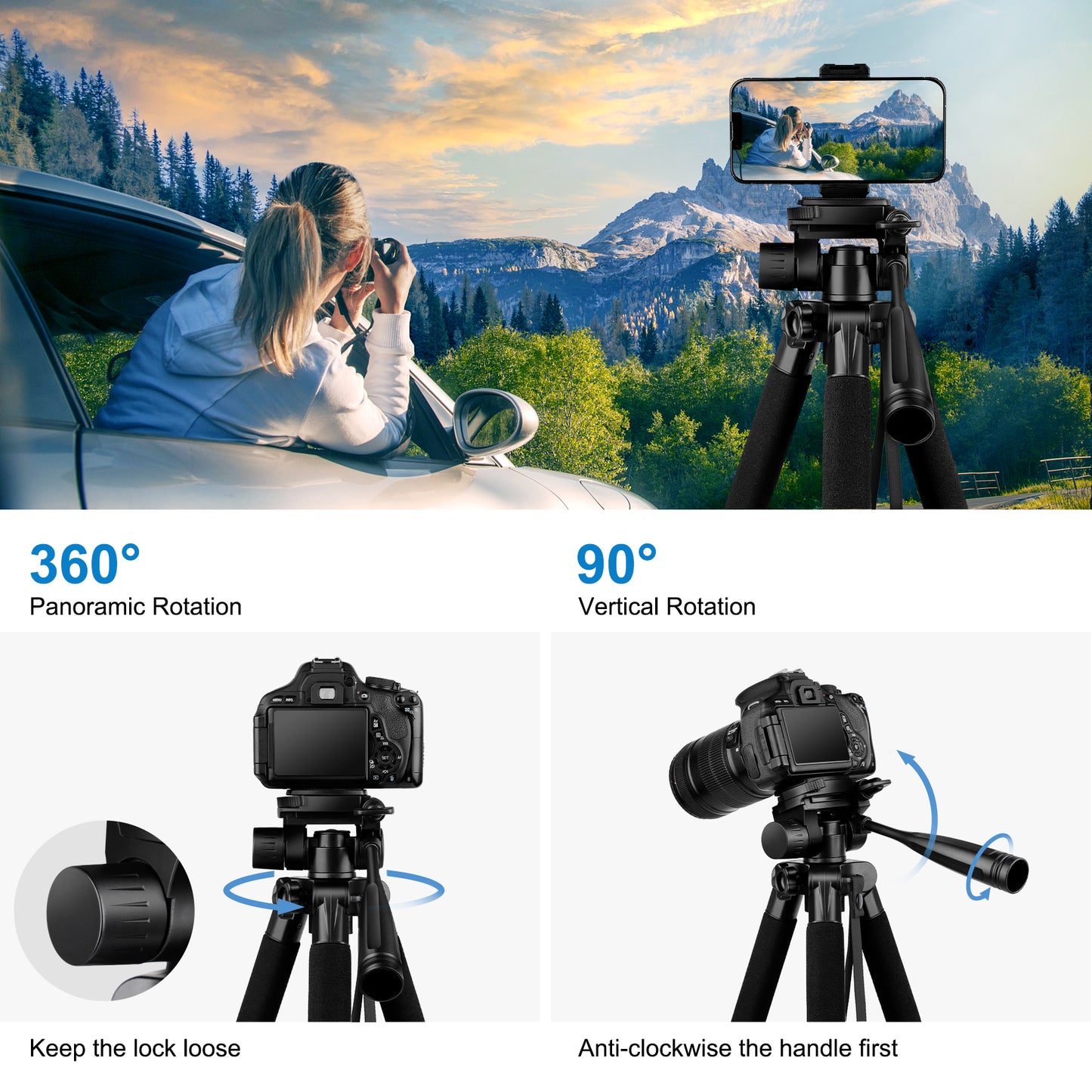 JOILCAN Camera Tripod for Canon Nikon Sony, 65" Aluminum Alloy Tripod Stand with Detachable Head & Phone Holder & Carry Bag, Lightweight DSLR Tripod for Smartphone/Vlog/Streaming, Max Load 5.5kg(EU)