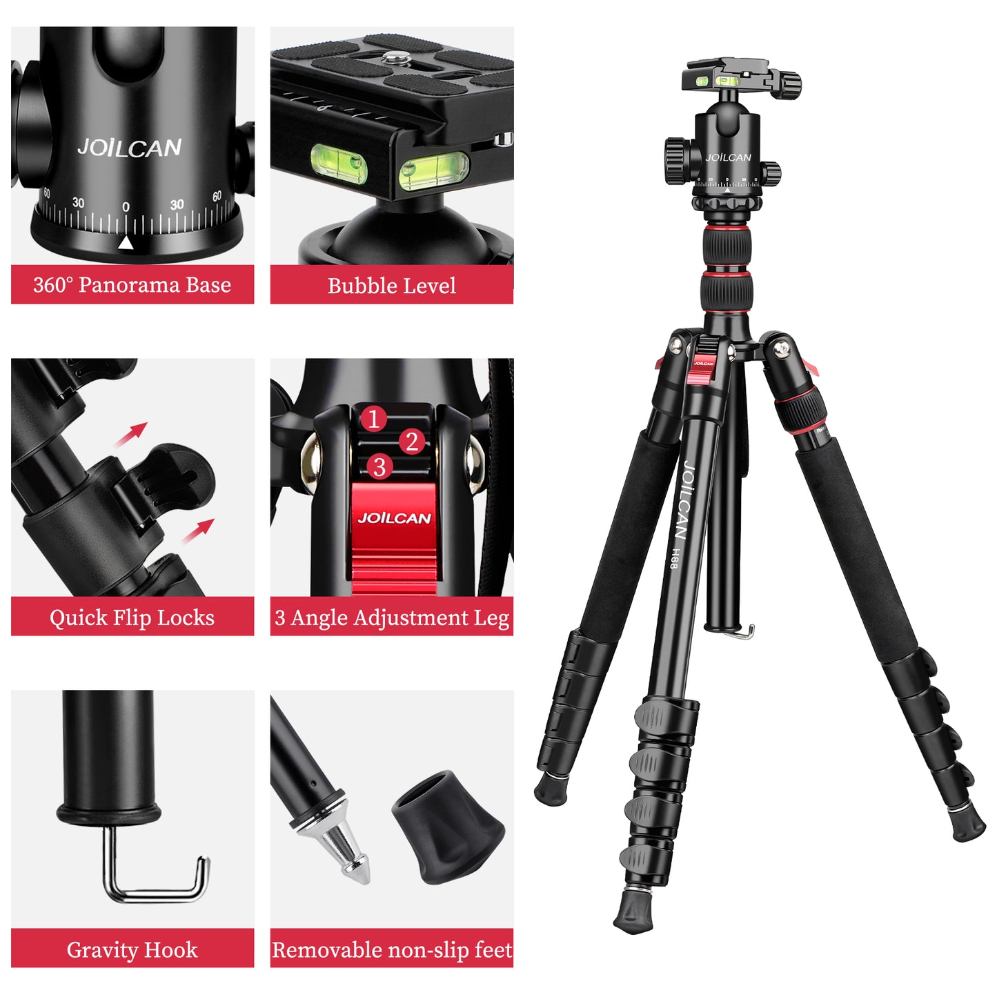 JOILCAN 74" Camera Tripod & Monopod, Aluminum Tripod with Metal Ball Head & Phone Holder, Travel Lightweight Tripod Stand for Canon/Nikon/Sony/DSLR Camera/Smartphone, Load Capacity 13.6kg/30lbs(EU)