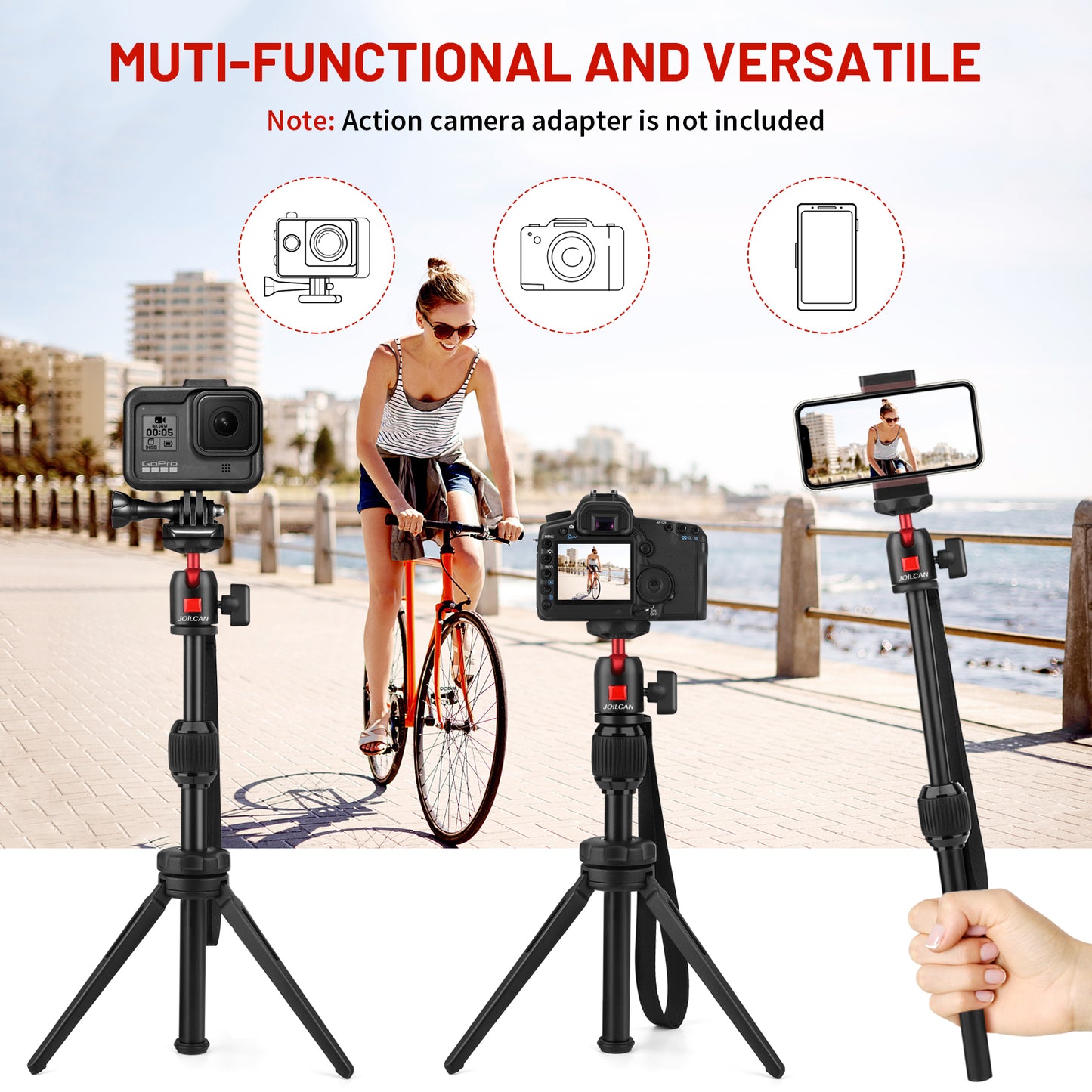 JOILCAN Mini Tripod, Aluminium Portable Desktop Tripod Stand with 360 Degree Ball Head, 1/4 Screw Tabletop Tripod with Selfie Stick for Webcam, Projectors, Compact Camera, Load up to 3 kilograms(EU)
