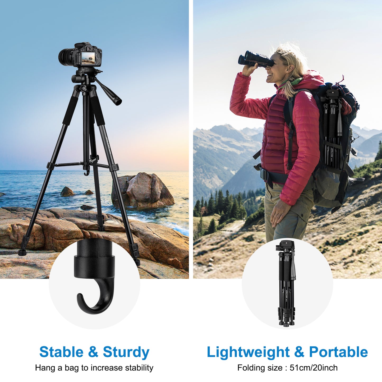 JOILCAN Camera Tripod for Canon Nikon Sony, 65" Aluminum Alloy Tripod Stand with Detachable Head & Phone Holder & Carry Bag, Lightweight DSLR Tripod for Smartphone/Vlog/Streaming, Max Load 5.5kg(EU)