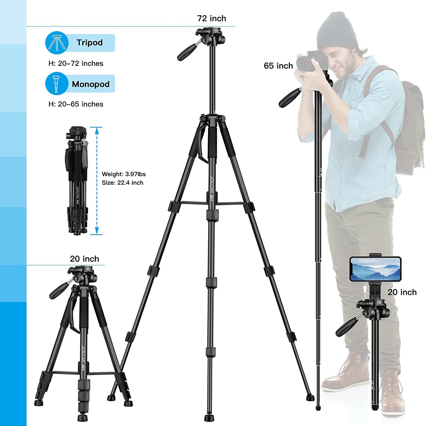 Camera Tripod, 72” Tripod for Camera Stand, Aluminum Heavy Duty Tripod for Video Photo, 5 in 1 Travel Camera Tripod & Monopod Compatible with Canon Nikon Cameras DSLR Camcorder Projector Phone(USA)
