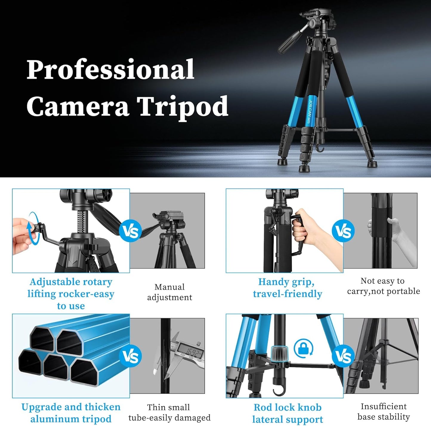 JOILCAN Tripod Camera Tripods, 74" Tripod for Camera Cell Phone Video Recording, Heavy Duty Tall Camera Tripod Stand, Professional Travel DSLR Tripods Compatible with Canon iPhone, Max Load 15 LB (US)