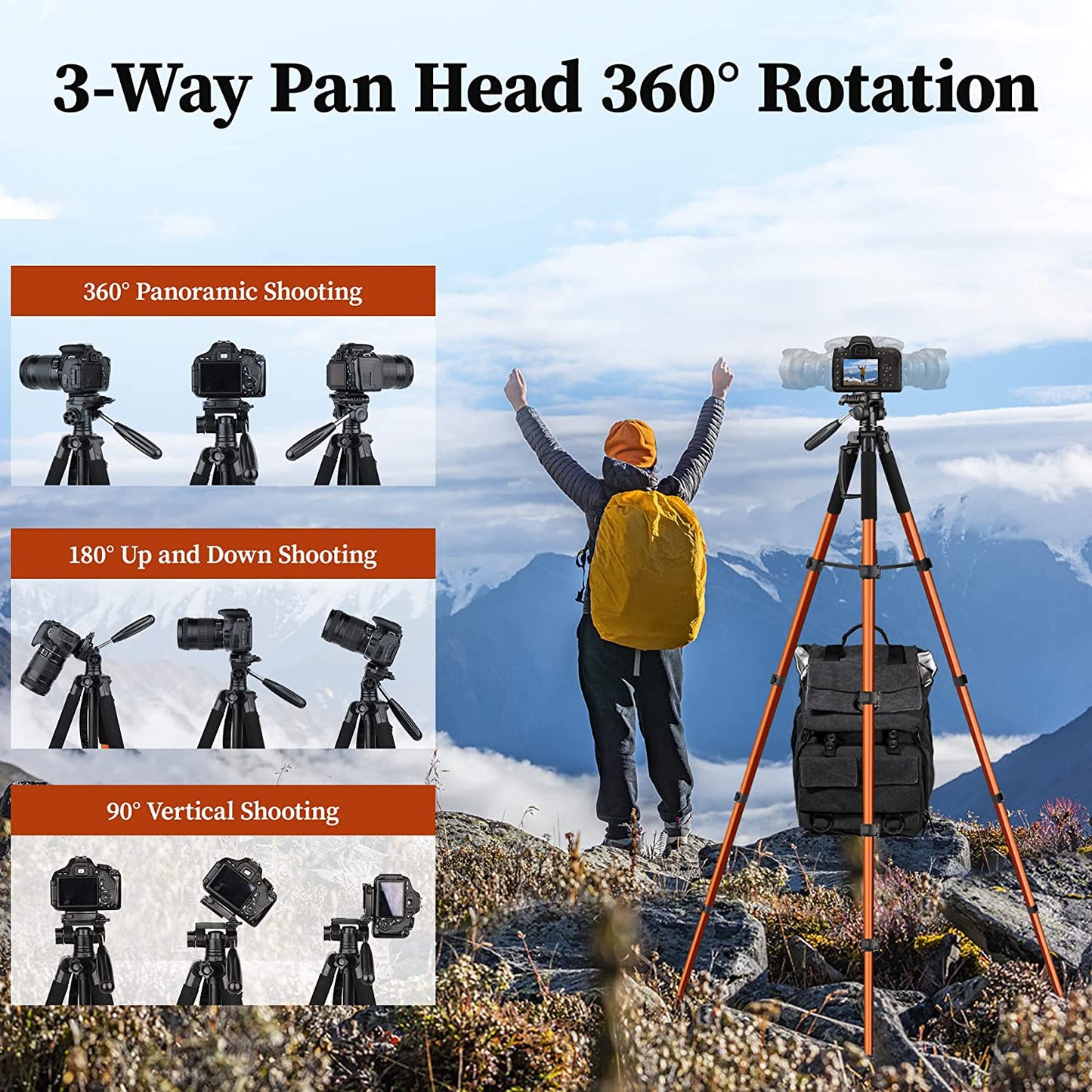 Tripod Camera Tripods, 74" Tripod for Camera Cell Phone Video Photography, Heavy Duty Tall Camera Stand Tripod, Professional Travel DSLR Tripods Compatible with Canon Nikon iPhone, Max Load 15 LB(USA)