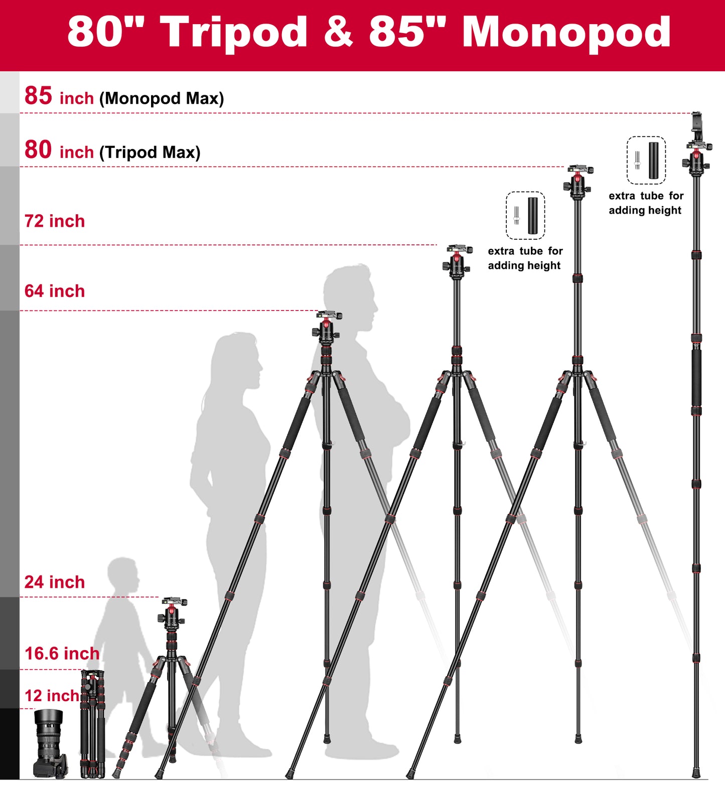 80/85 inches Heavy Duty Tripod for Camera and Phone, 85" Camera Monopod Tripods, DSLR Binoculars Spotting Scope Camcorders Video Tripod Stand, 360 Degree Ball Head, 35 lbs Loads(US)