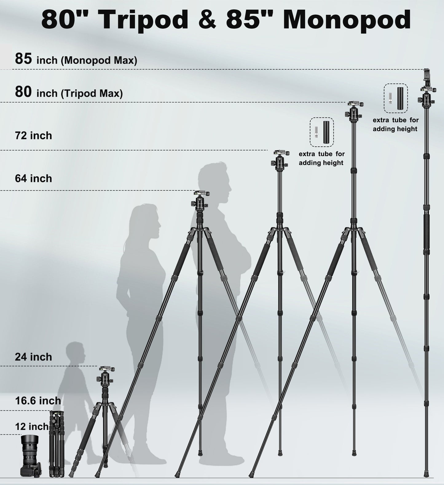 80/85 inches Heavy Duty Tripod for Camera and Phone, 85" Camera Monopod Tripods, DSLR Binoculars Spotting Scope Camcorders Video Tripod Stand, 360 Degree Ball Head, 35 lbs Loads(US)