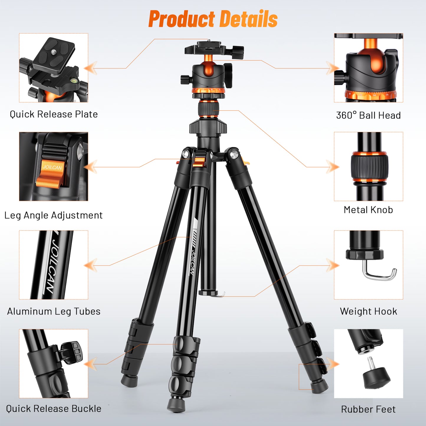 JOILCAN 66" Camera Tripod, Travel Tripod for Camera with 360° Ball Head & Phone Holder, Lightweight Compact Tripod for DSLR/Smartphone Photography, Max Load 22lbs(US)