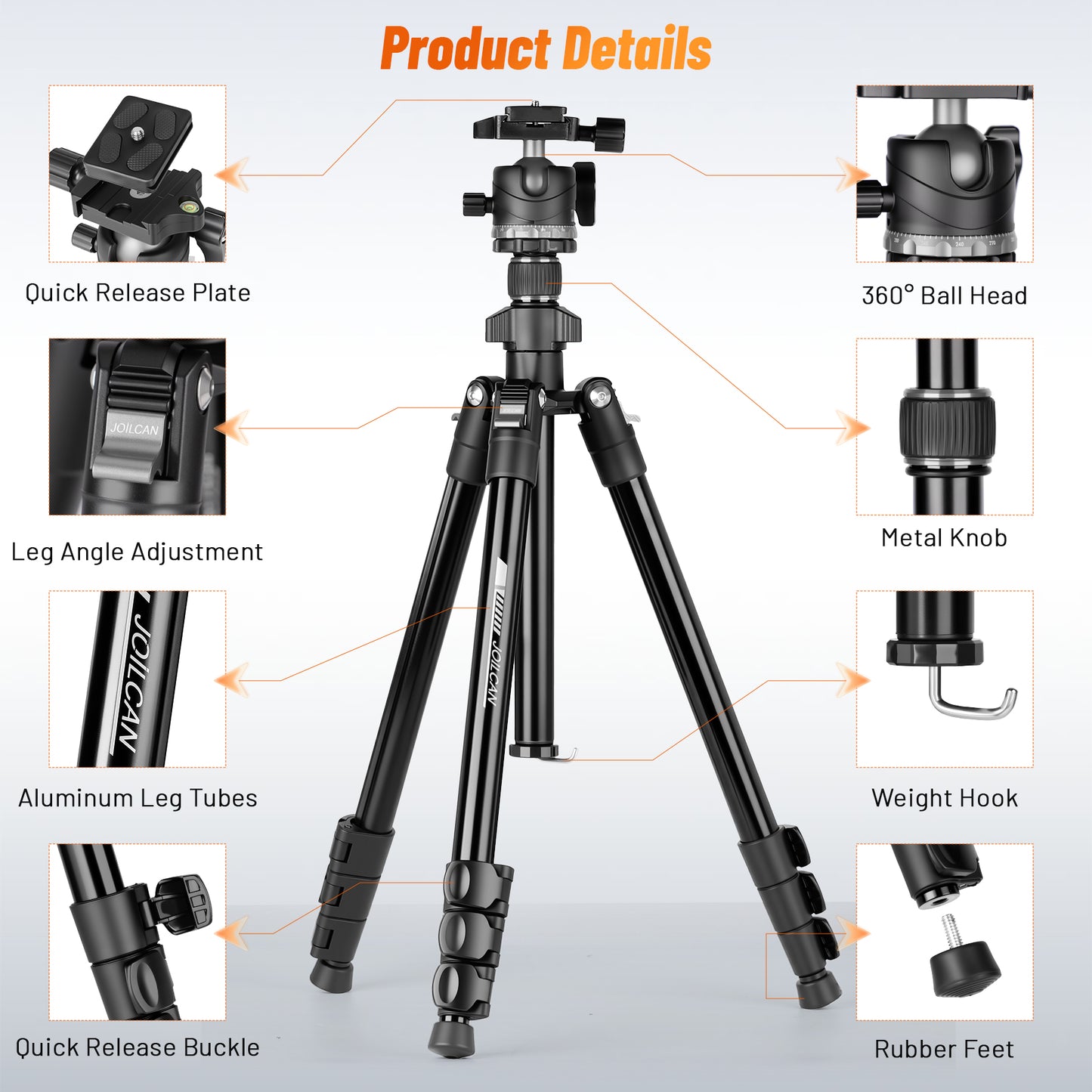 JOILCAN 66" Camera Tripod, Lightweight Travel Tripod with 360° Ball Head & Phone Holder, 22lbs Max Load for DSLR, Camera, Phone, Video & Photography (Grey)(US)