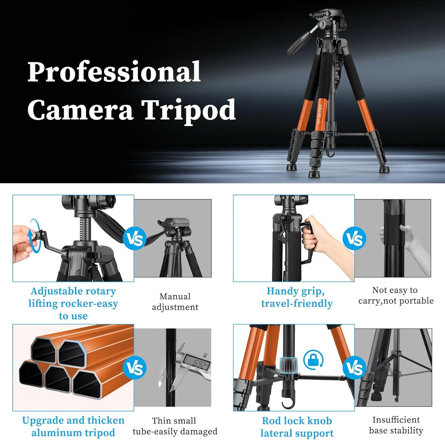 JOILCAN Tripod Camera Tripods, 74" Tripod for Camera Cell Phone Video Photography, Heavy Duty Tall Cameras Tripod Stand, Professional Travel DSLR Tripods Compatible with Canon iPhone, Max Load 15 LB (US)