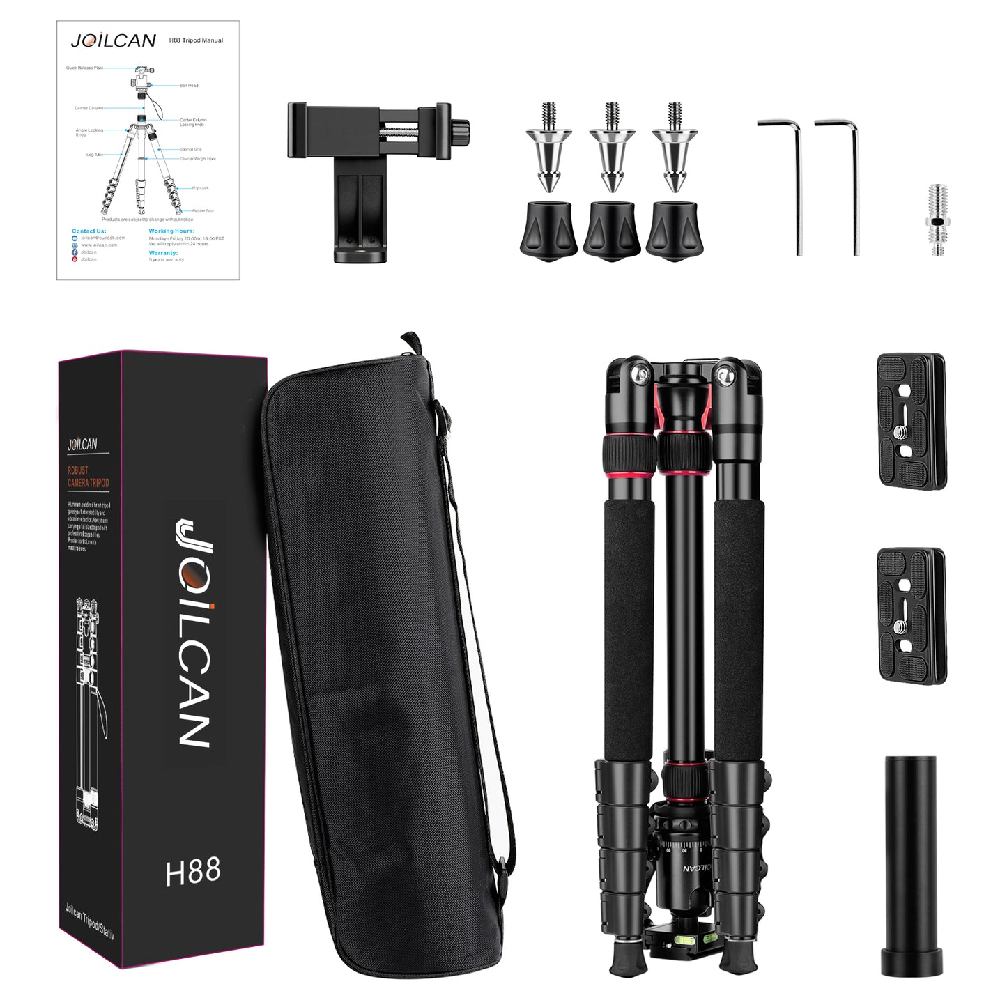 JOILCAN 74" Camera Tripod & Monopod, Aluminum Tripod with Metal Ball Head & Phone Holder, Travel Lightweight Tripod Stand for Canon/Nikon/Sony/DSLR Camera/Smartphone, Load Capacity 13.6kg/30lbs(EU)