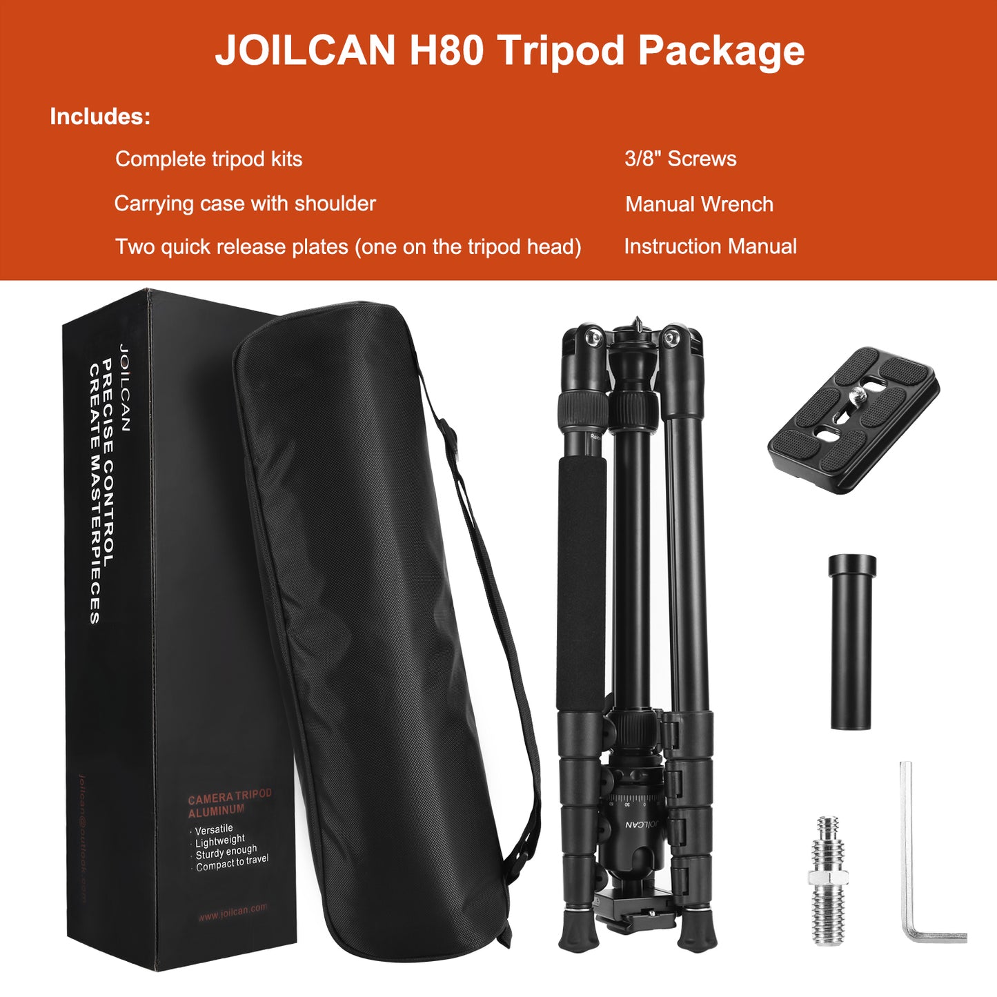 JOILCAN 81’’ Tripod, Aluminum Camera Tripod for DSLR, Compact Tripod Monopod with 2 Quick Release Plates, 16.5’’ When Folded, 25 lbs Loads - Black