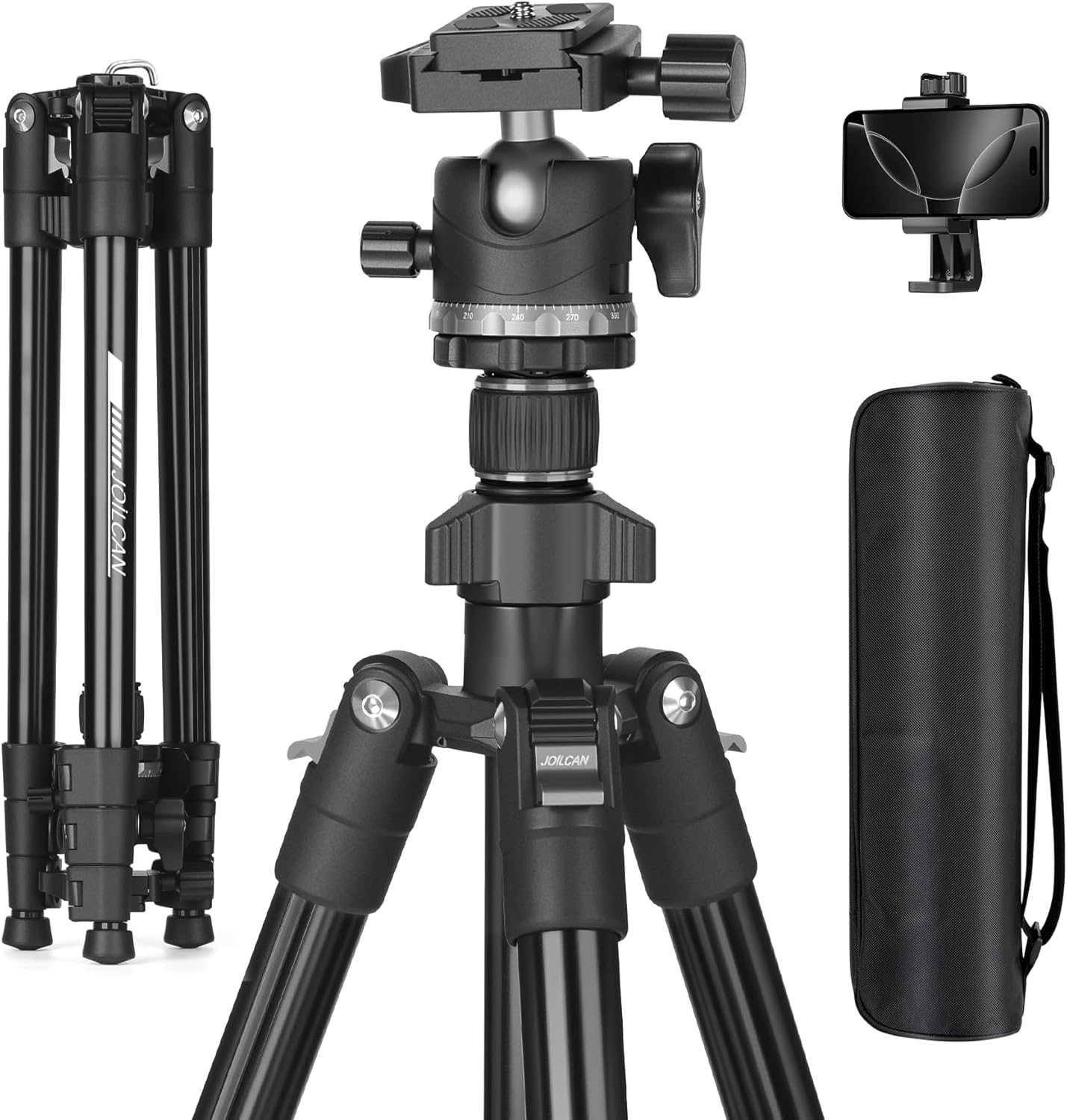 JOILCAN 66" Camera Tripod, Lightweight Travel Tripod with 360° Ball Head & Phone Holder, 22lbs Max Load for DSLR, Camera, Phone, Video & Photography (Grey)（US）