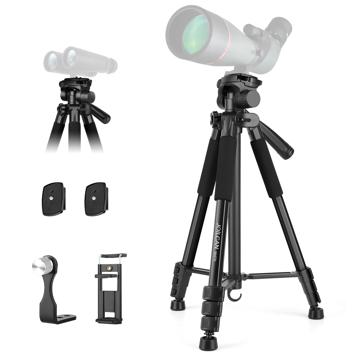 Spotting Scope Tripod, 67" Binocular Tripod with Binocular Adapter, 2 QR Plates, Phone/Tablet Holder & Travel Bag, Compatible with Camera/Phone for Bird Watching, Wildlife Observing(US)
