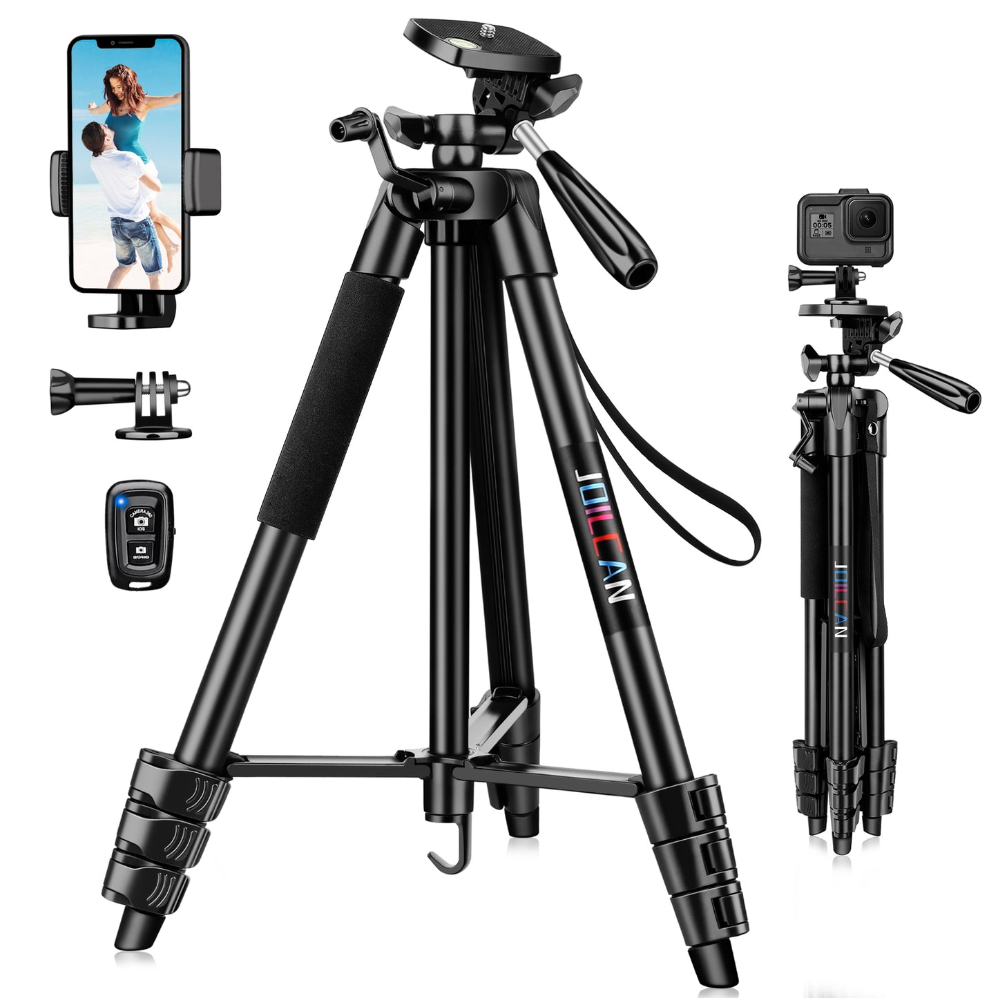 JOILCAN Phone Tripod Stand, 54" Aluminum Extendable Camera Tripod with Phone Holder & Control Remote Shutter for Android/iOS, Lightweight Portable Tripod for iPhone/Smartphone/Action Camera(EU)