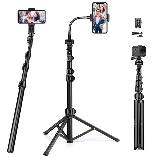 JOILCAN Phone Tripod Stand for Smartphone, Gooseneck Aluminum Mobile Phone Tripod for iPhone, Selfie Stick Tripod with Remote Control & Phone Holder for iPhone 14/13/12/11, Action Camera(EU)