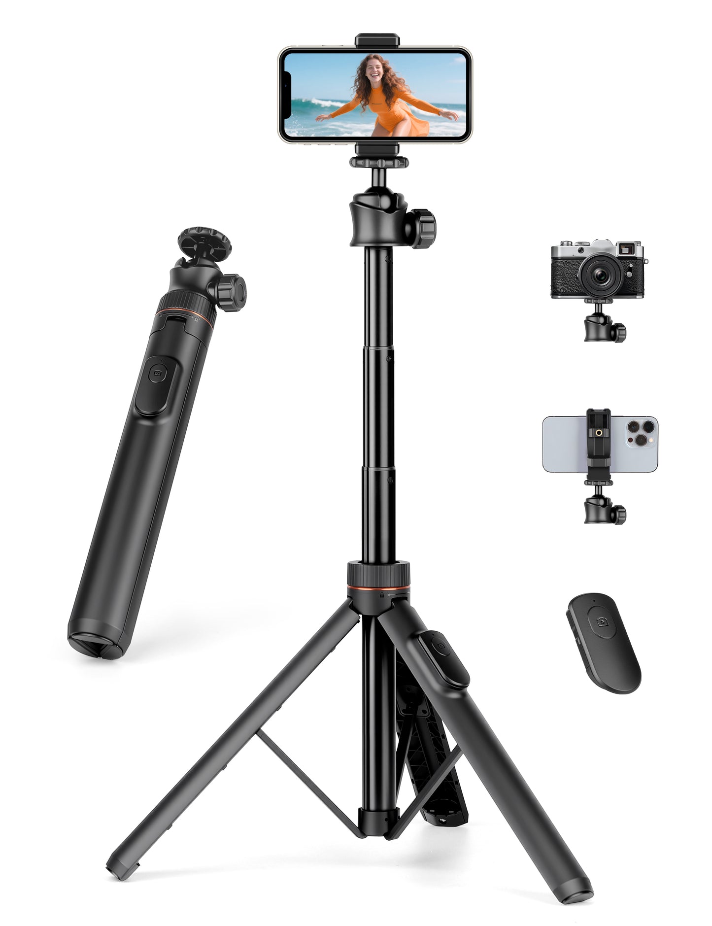 JOILCAN Tripod for iPhone & Camera, 64" Selfie Stick with 360° Ball Head Remote & Phone Holder, Extendable Portable Phone Tripod Stand for Travel Vlog Compatible with Canon Sony DLSR DJI（US）
