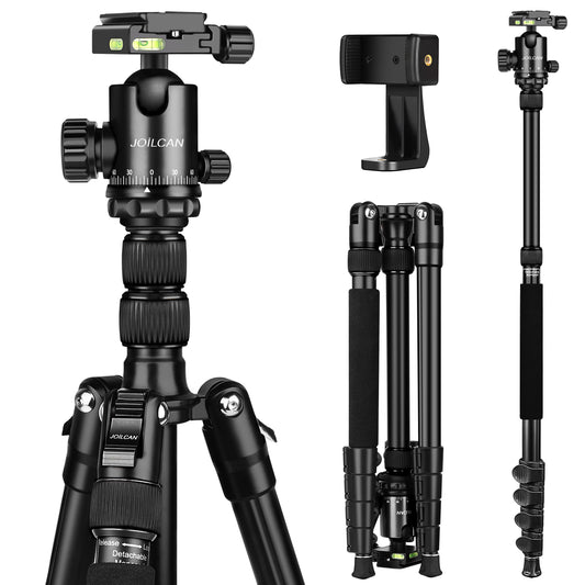 JOILCAN Camera Tripod, 80" Compact Aluminum Tripod Monopod with 360°Panorama Ball Head, Lightweight Travel Tripod for Canon Nikon Sony DSLR Camera with Phone Holder, Max Load 22lbs(Black)(EU)