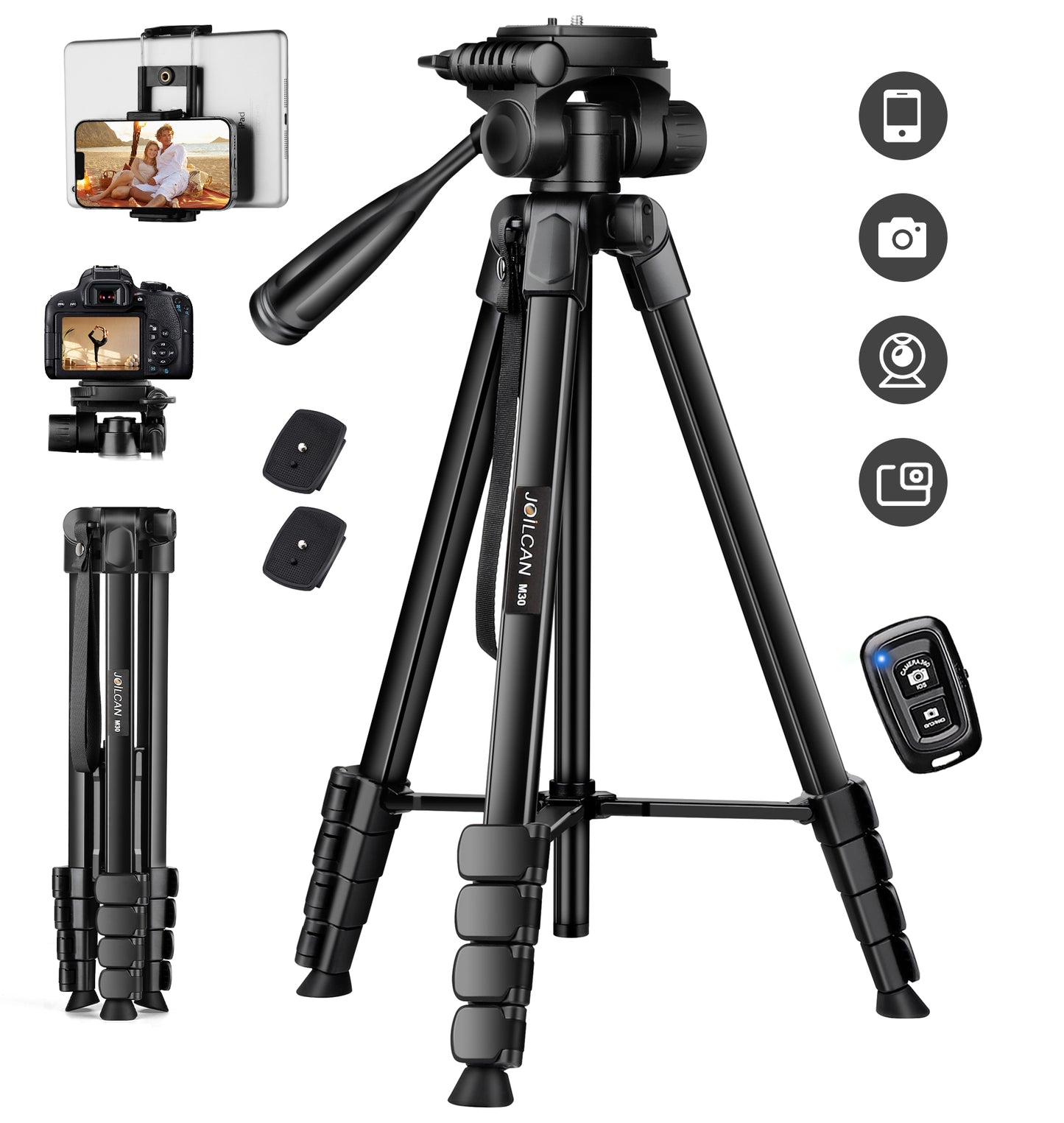 JOILCAN Camera Tripod, 68" Tablet Tripod Stand for Phone Cameras, Travel Tripods Compatible with iPad iPhone DSLR SLR Projector, Cell Phone Tripods Stand with Remote/Travel Bag / 2 in 1 Mount(US)