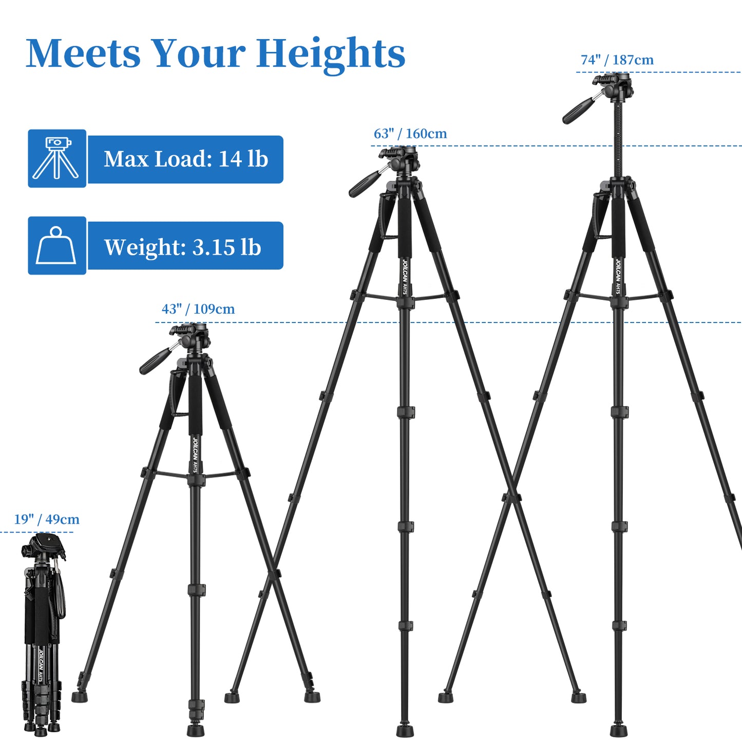 JOILCAN Camera Tripod for Canon Nikon, 74" Lightweight DSLR Tripod Camera Stand with Detachable Head and Universal Phone Mount, Reinforced Aluminum Tall Tripod for Vlog Live Streaming Max Load 14LB(EU)