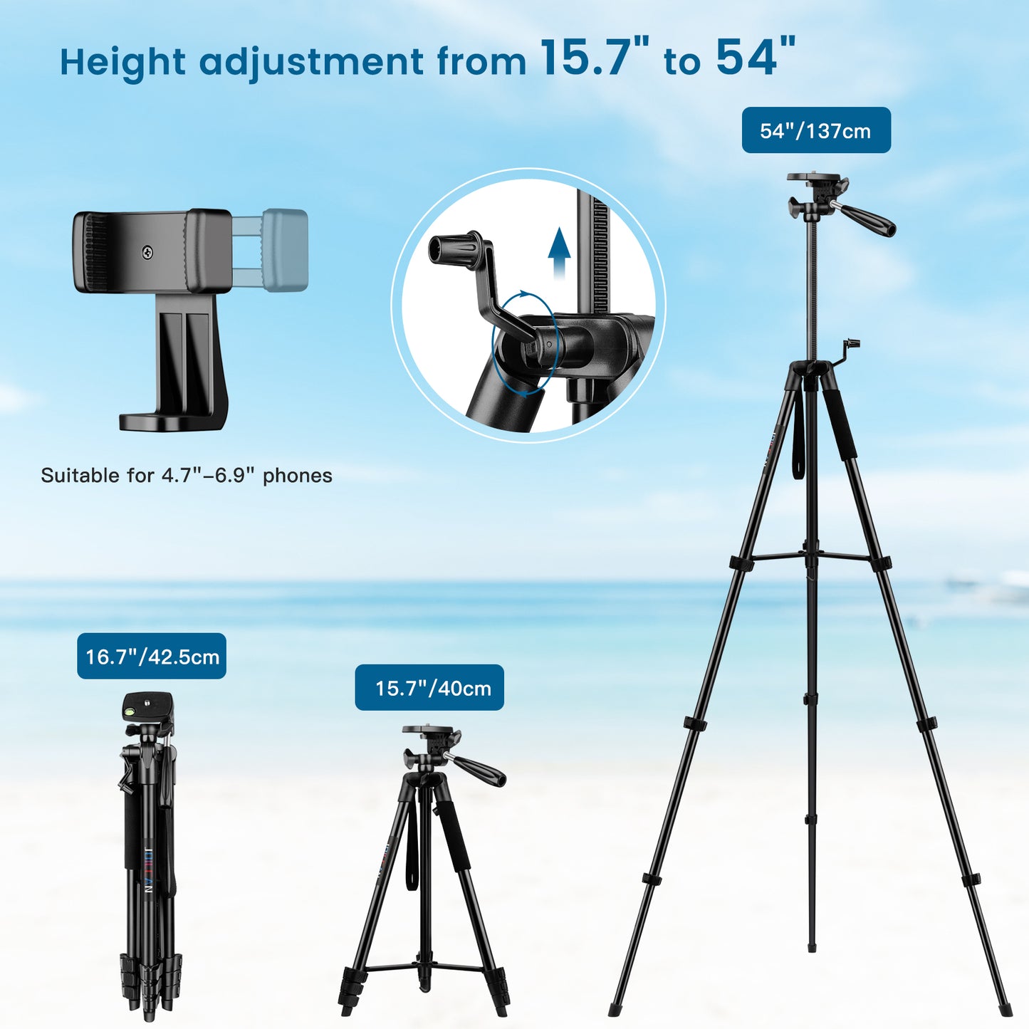 JOILCAN Phone Tripod Stand, 54" Aluminum Extendable Camera Tripod with Phone Holder & Control Remote Shutter for Android/iOS, Lightweight Portable Tripod for iPhone/Smartphone/Action Camera(EU)