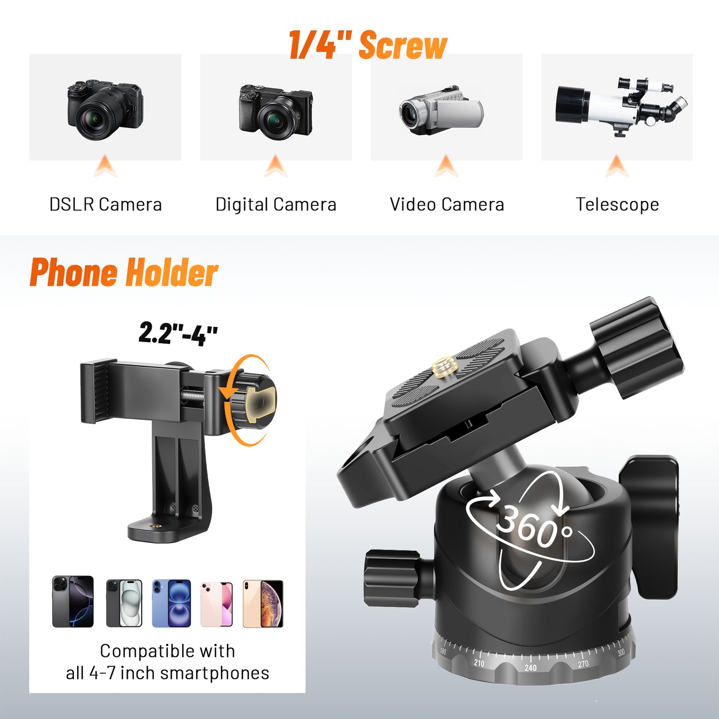 JOILCAN 66" Camera Tripod, Lightweight Travel Tripod with 360° Ball Head & Phone Holder, 22lbs Max Load for DSLR, Camera, Phone, Video & Photography (Grey)（US）