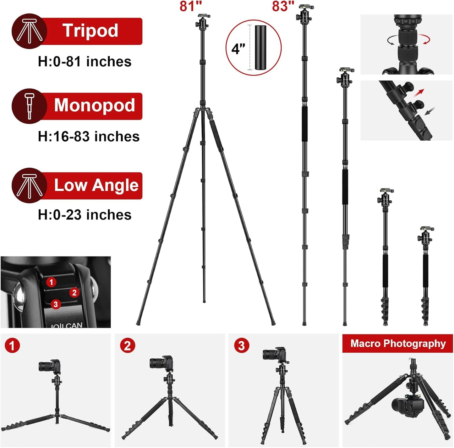 JOILCAN Tripod for Camera, 81" Camera Tripod Stand, 83 inches DSLR Tripods & Monopods, Heavy Duty Travel Tripod for Binoculars Laser Level Spotting Scope Telescope, Max Load 35lb（US）