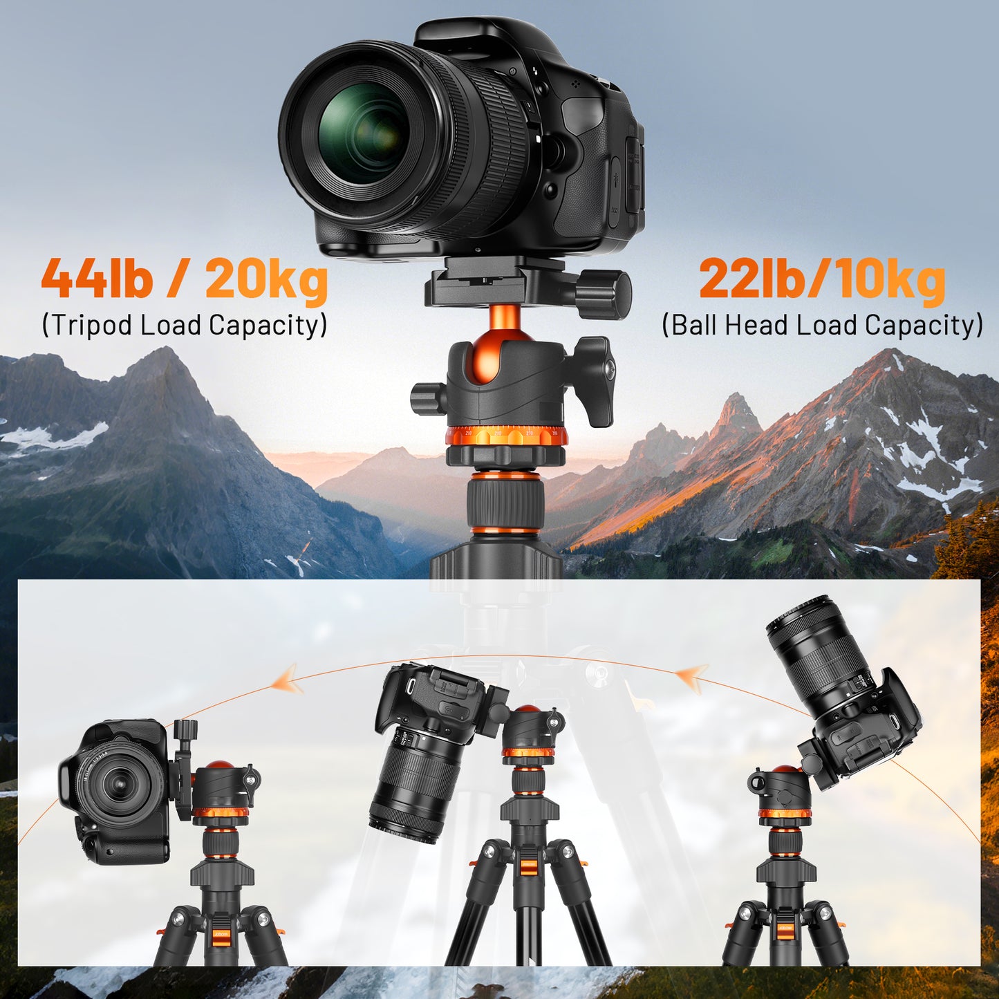 JOILCAN 66" Camera Tripod, Travel Tripod for Camera with 360° Ball Head & Phone Holder, Lightweight Compact Tripod for DSLR/Smartphone Photography, Max Load 22lbs（US）