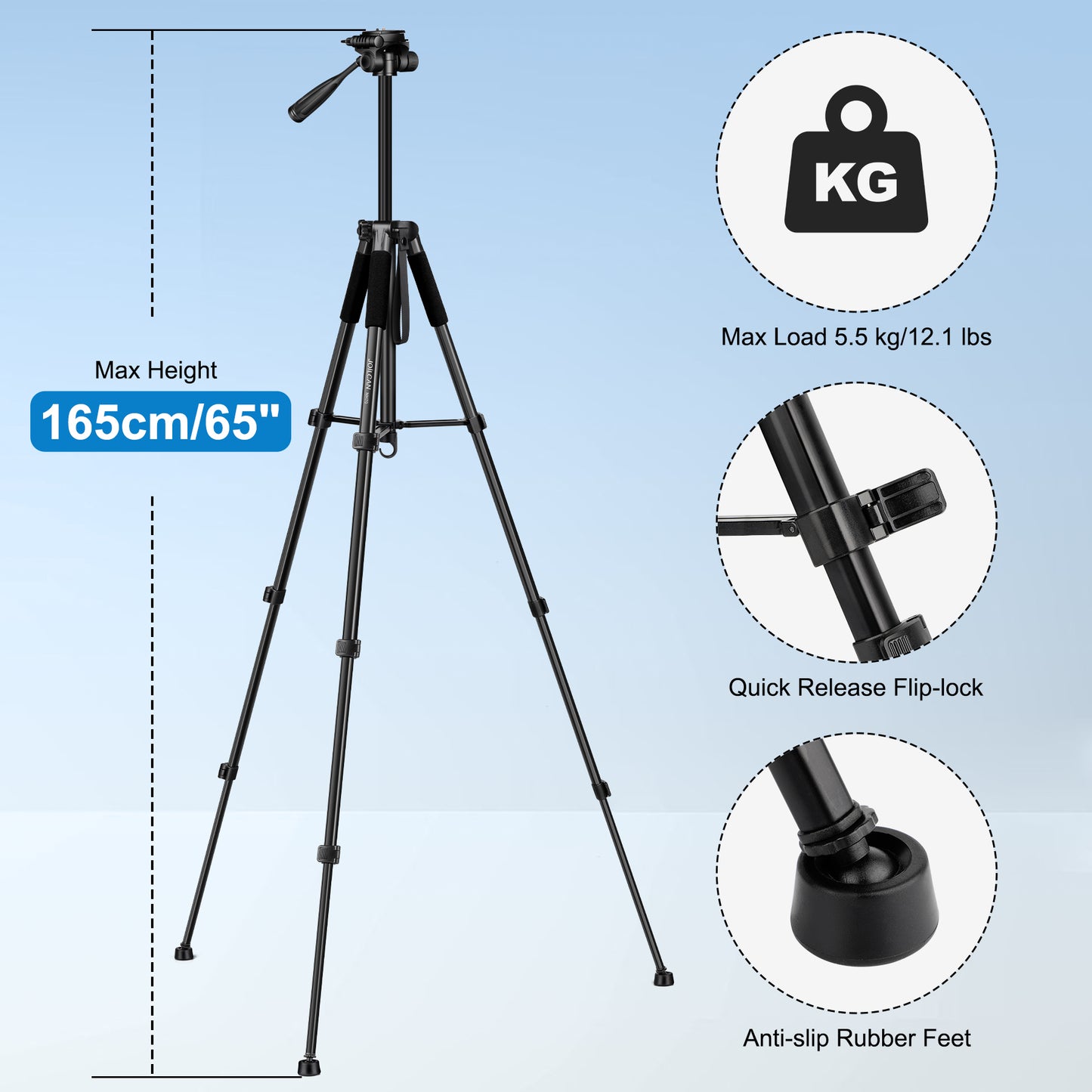 JOILCAN Camera Tripod for Canon Nikon Sony, 65" Aluminum Alloy Tripod Stand with Detachable Head & Phone Holder & Carry Bag, Lightweight DSLR Tripod for Smartphone/Vlog/Streaming, Max Load 5.5kg(EU)