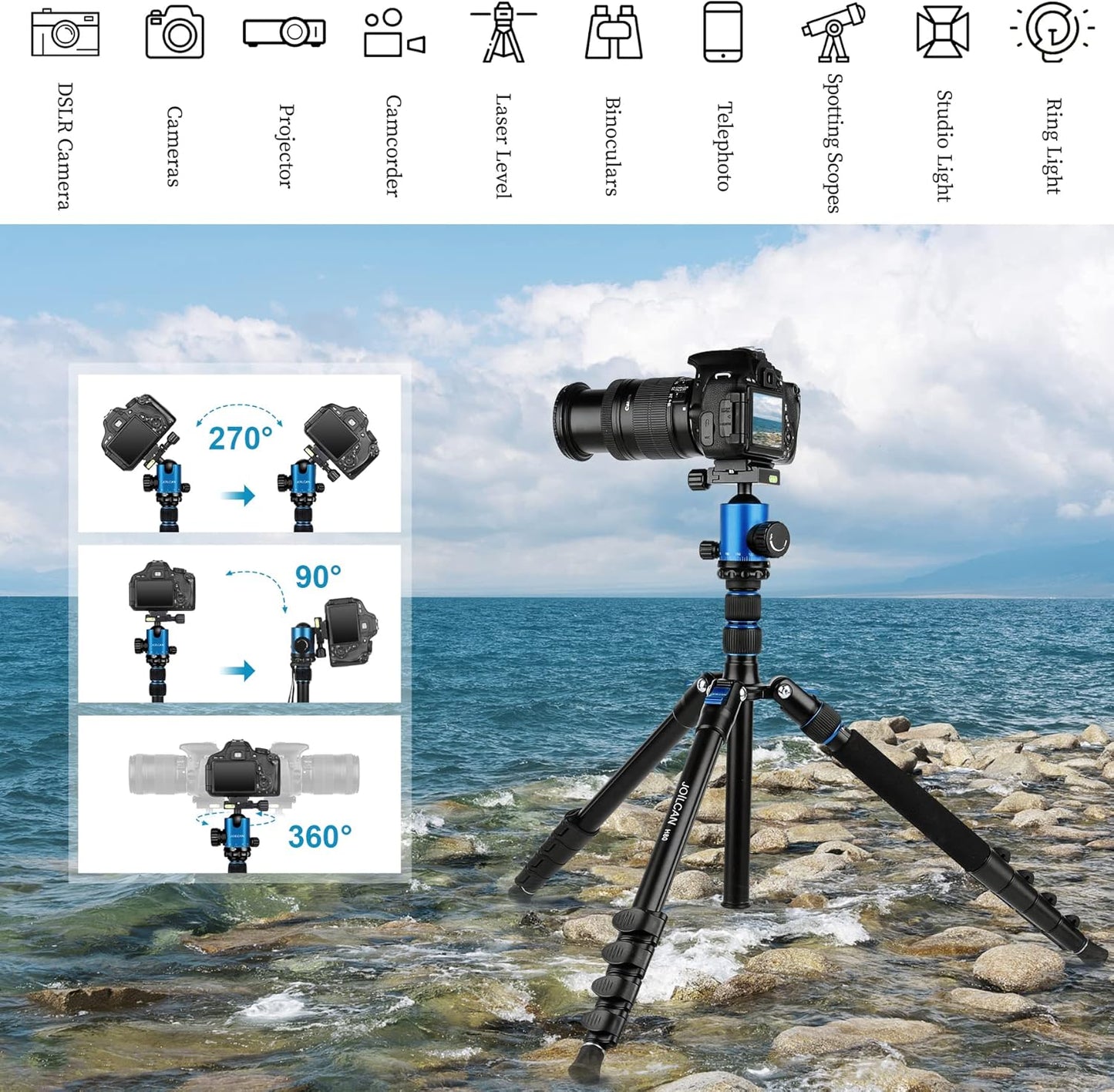 JOILCAN Tripod for Camera, 81" Aluminum Camera Tripod, 83" DSLR Tripods & Monopods, Heavy Duty Travel Tripod for Binoculars Spotting Scope Telescope, Max Load 35lb(US