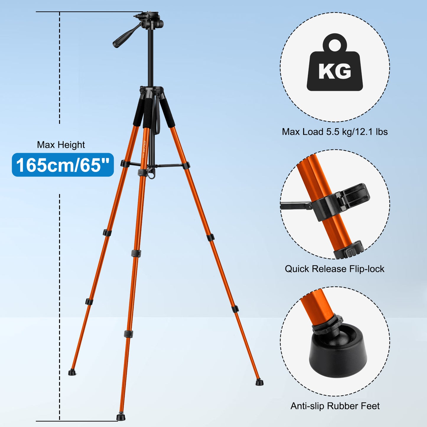 JOILCAN Camera Tripod for Canon Nikon Sony, 65" Aluminum Alloy Tripod Stand with Detachable Head & Phone Holder, Lightweight DSLR Tripod for Smartphone/Vlog/Streaming, Max Load 5.5kg - Orange(EU)