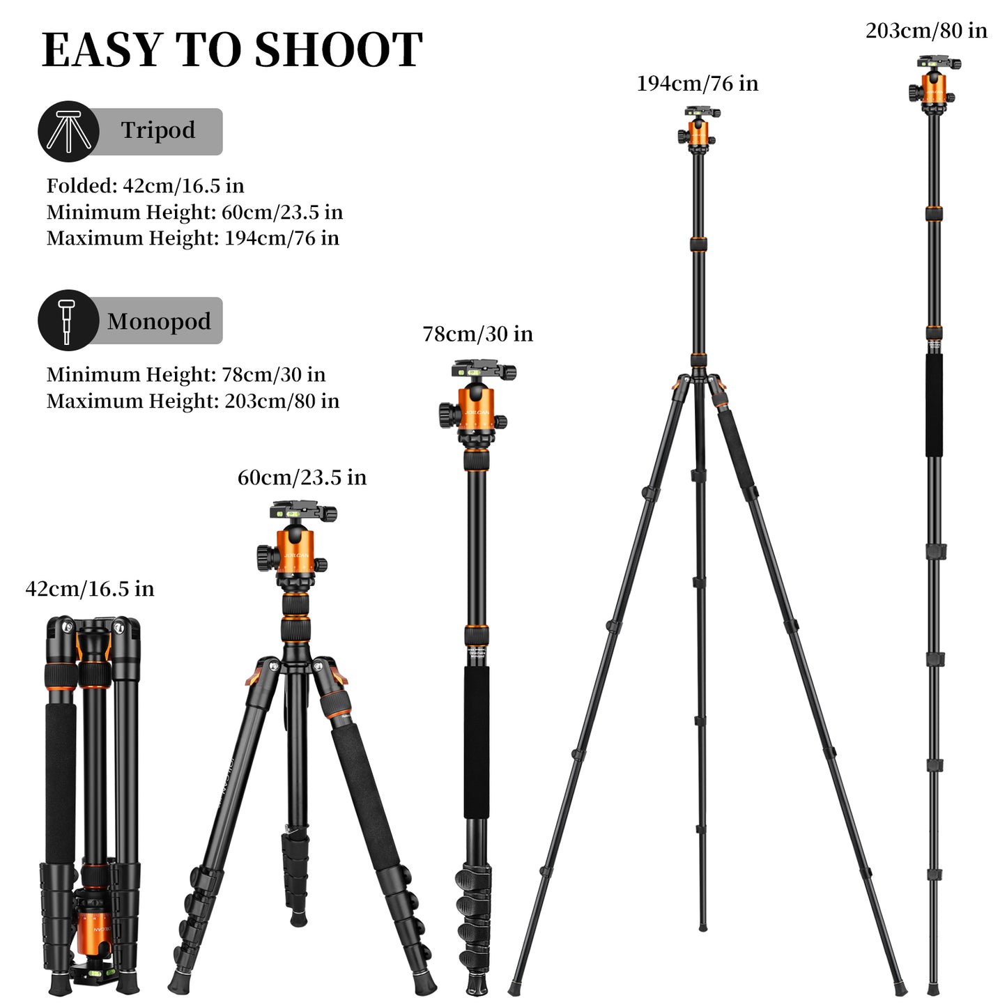 JOILCAN Camera Tripod, 80" Compact Aluminum Tripod Monopod with 360°Panorama Ball Head, Lightweight Travel Tripod with Phone Holder and carrying bag, Max Load 22lbs(EU)