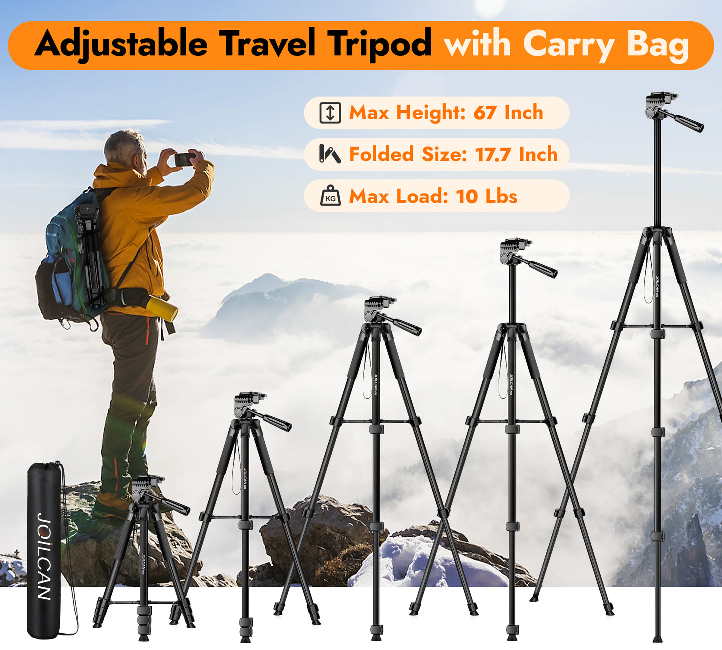 JOILCAN Phone Tripod Stand - 67" Aluminum Extendable Tripod with Remote, Portable Tripods for iPhone Photos Selfie & Video, Compatible with iPhone DSLR Camera Projector(US)