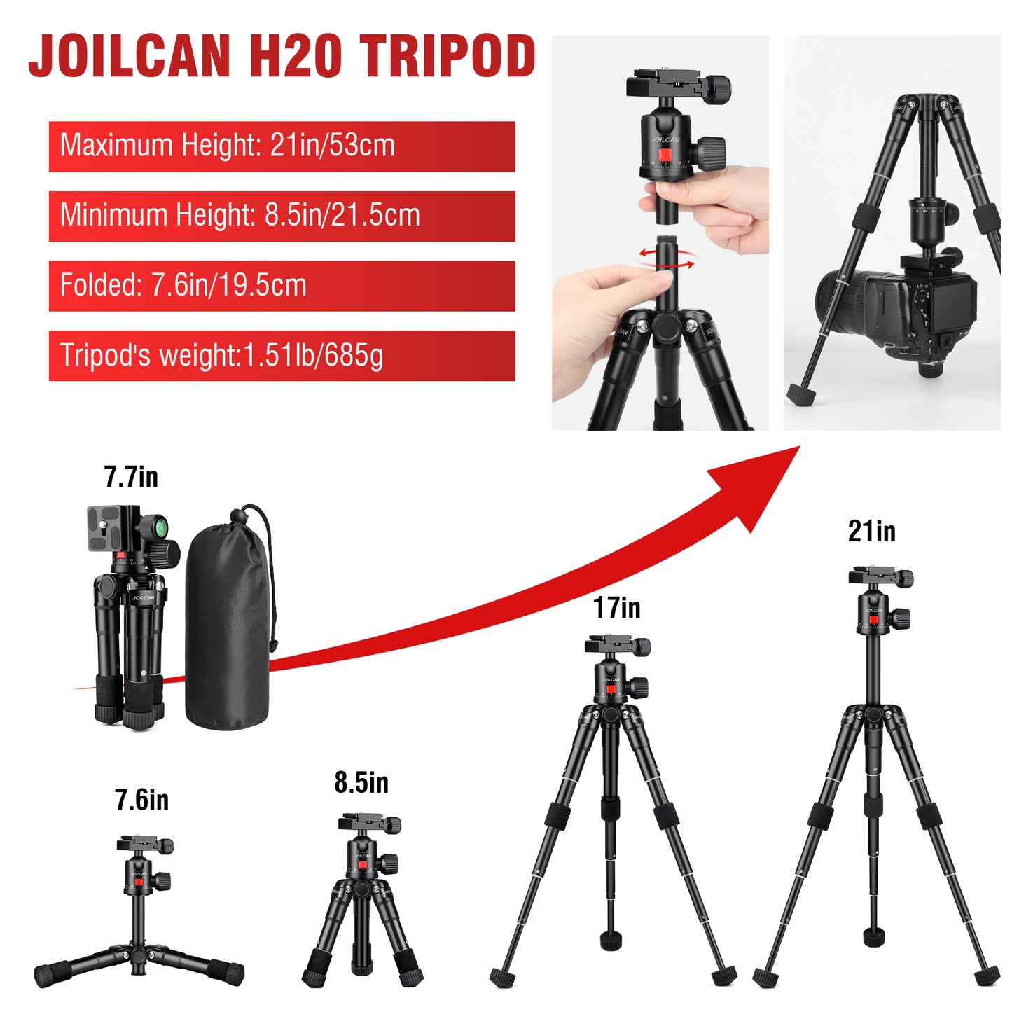 JOILCAN Mini Tripod for Camera, 21" Aluminum Desktop Tripod with 360° Ball Head, Portable Travel Tripods for DSLR Phone Projector, Load up to 15lb(US）