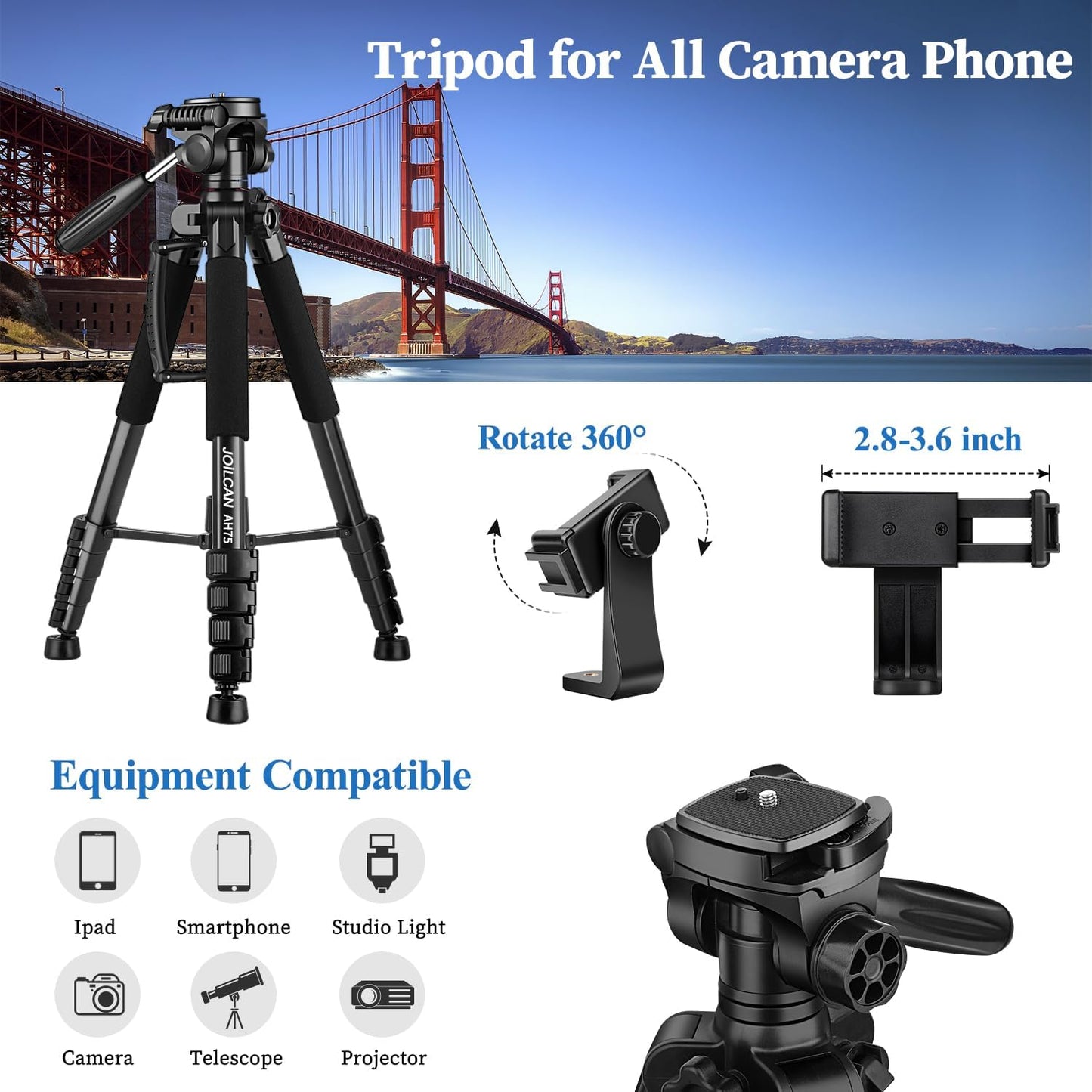 JOILCAN Tripod Camera Tripods, 74" Tripod for Camera Phone Video Recording, Heavy Duty Cameras Tripod Stand, Professional Travel DSLR Tripods Compatible with Canon iPhone, Max Load 15 LB (US))