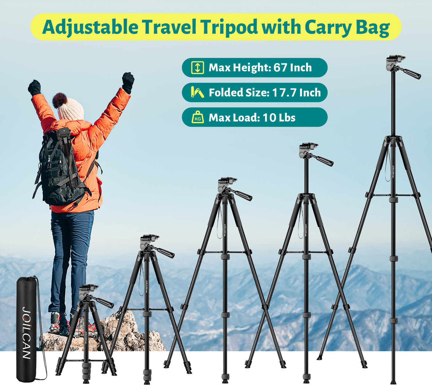 JOILCAN Phone Tripod, 67" Camera Tripod Stand for iPhone iPad, Professional Aluminum Travel Tripods with Wireless Remote and Carry Bag for Cellphone Photo Video Recording Vlog(US)