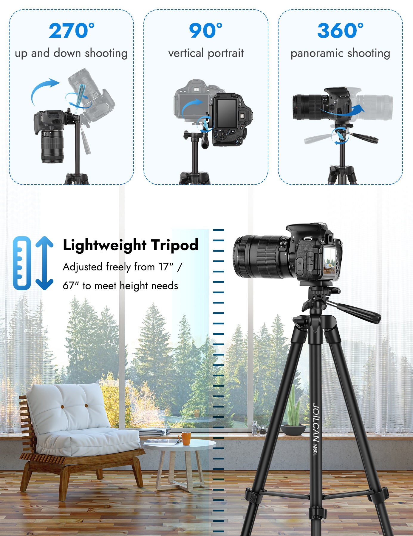 JOILCAN 67" Tripods Camera Tripod, Phone Tablet Tripod for Video Recording Vlog Photo with Remote Carry Bag, Aluminum Lightweight Travel Tripods(US)