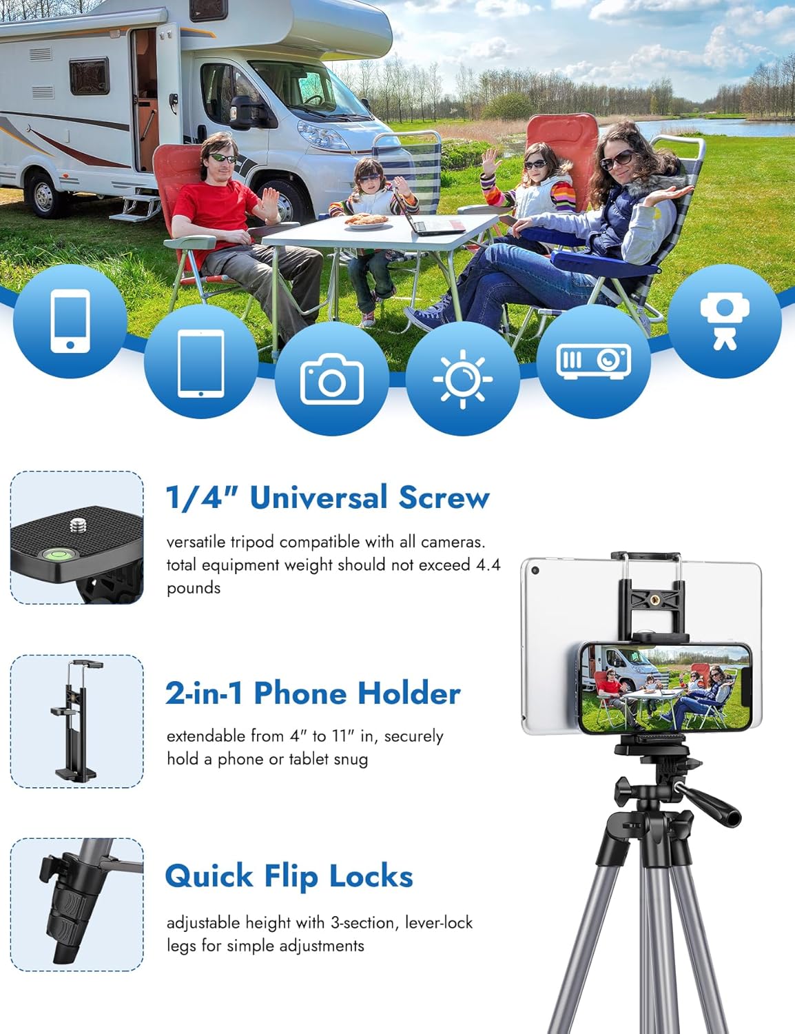 JOILCAN 67" Tripods Camera Tripod, Phone Tablet Tripod for Video Recording Vlog Photo with Remote Carry Bag, Aluminum Lightweight Travel Tripods(US)