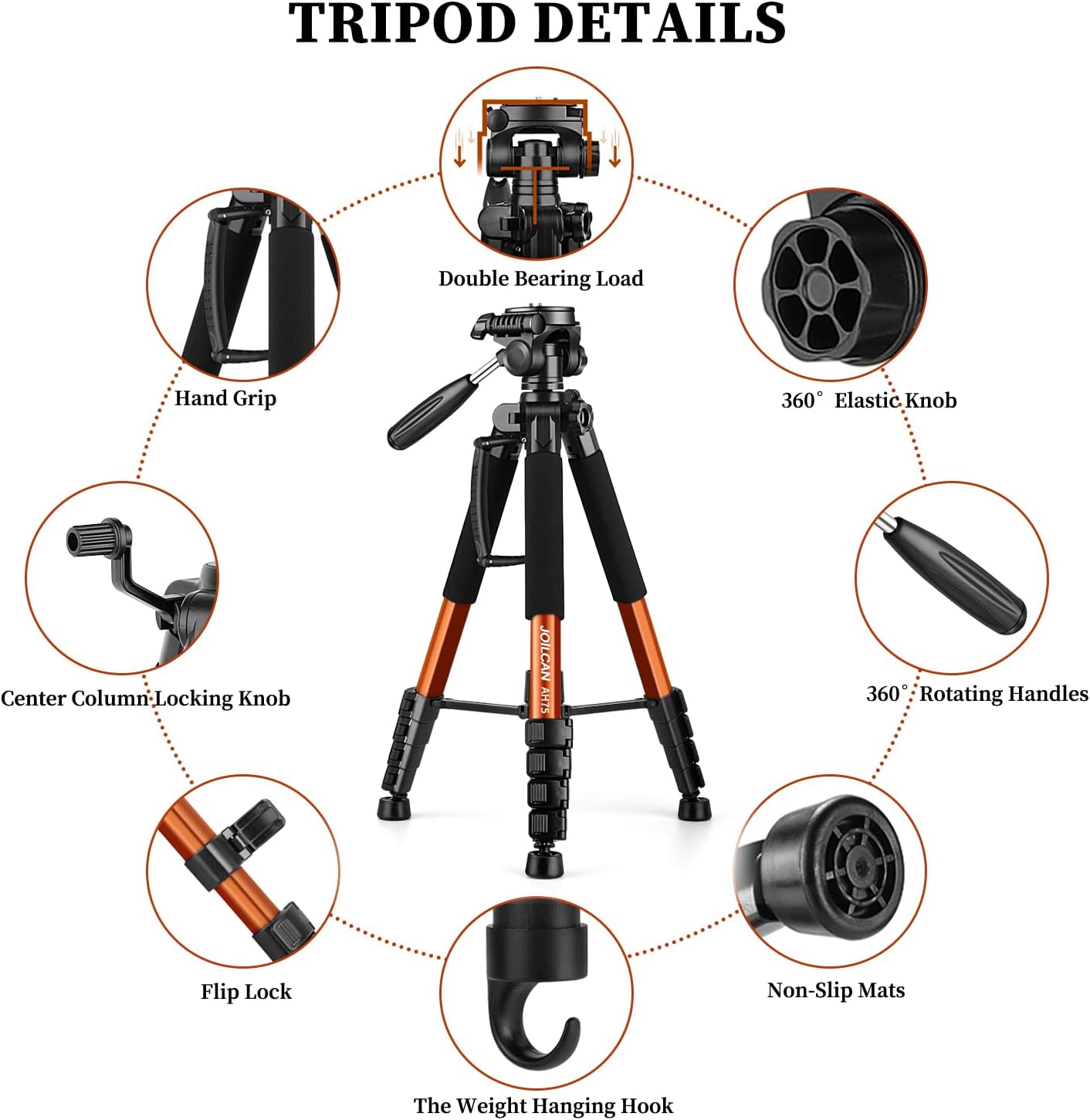 JOILCAN Tripod Camera Tripods, 74" Tripod for Camera Cell Phone Video Photography, Heavy Duty Tall Cameras Tripod Stand, Professional Travel DSLR Tripods Compatible with Canon iPhone, Max Load 15 LB （US）