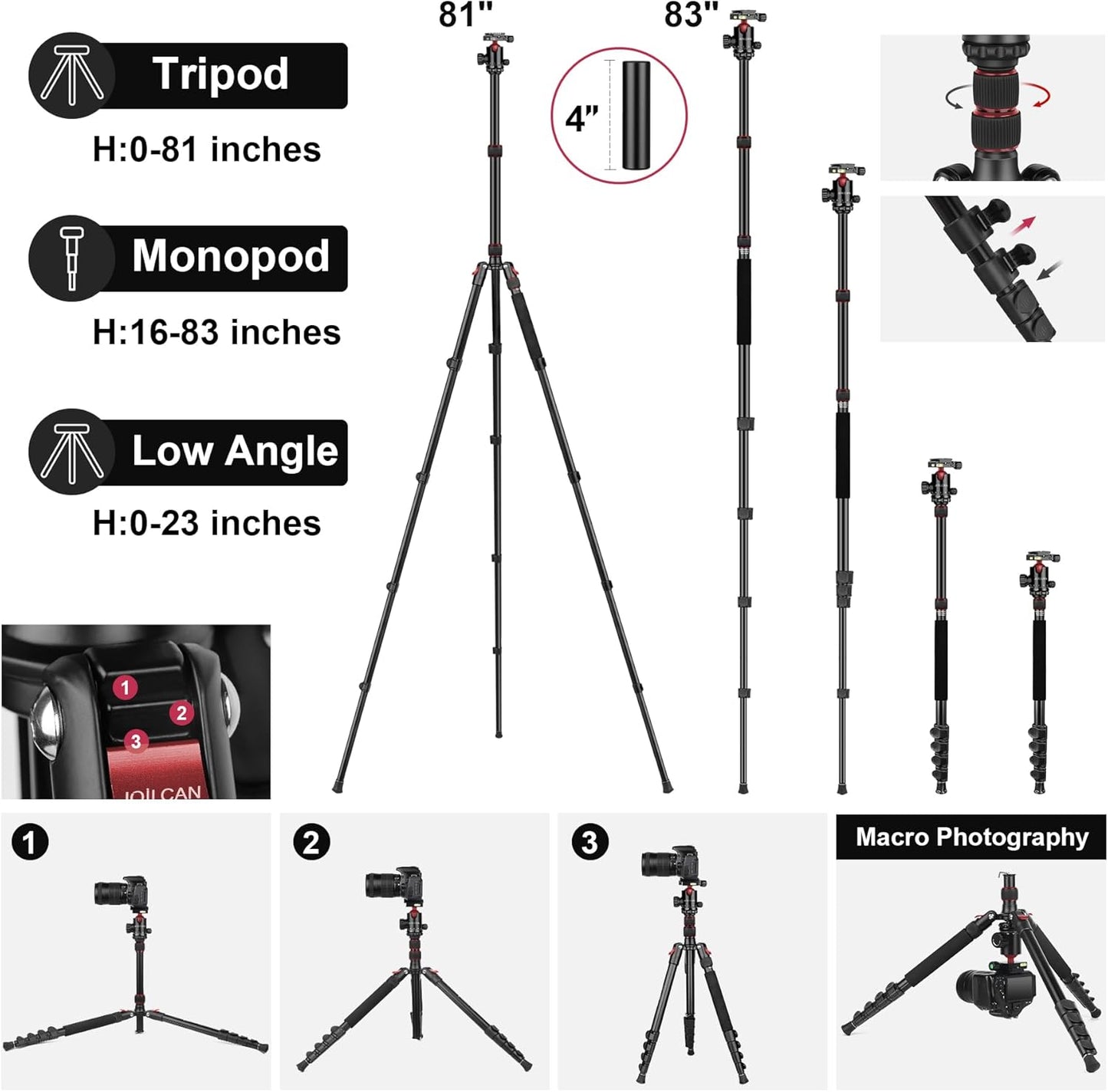 JOILCAN Tripod for Camera, 81" Aluminum Camera Tripod Monopod for DSLR, Heavy Duty Travel Tripods for Spotting Scope Binoculars Laser Level, Payload 35Lb(US