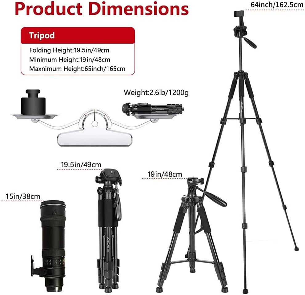 JOILCAN Camera Tripod for Canon Nikon DSLR, Lightweight Aluminum Travel Tripod Stand 11 lbs Load with Universal Phone Mount and 2 pcs Quick Plates(EU)