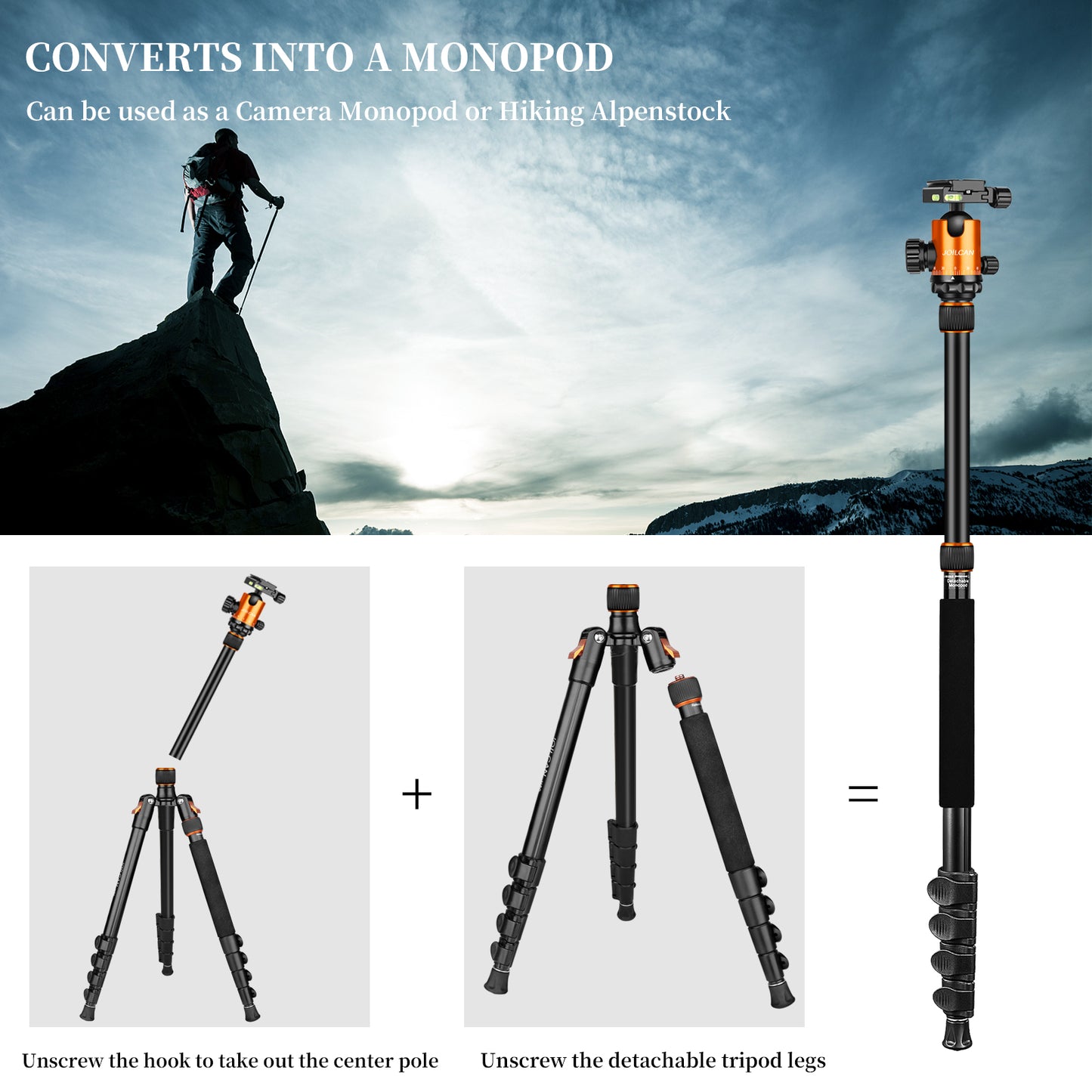 JOILCAN Camera Tripod, 80" Compact Aluminum Tripod Monopod with 360°Panorama Ball Head, Lightweight Travel Tripod with Phone Holder and carrying bag, Max Load 22lbs(EU)