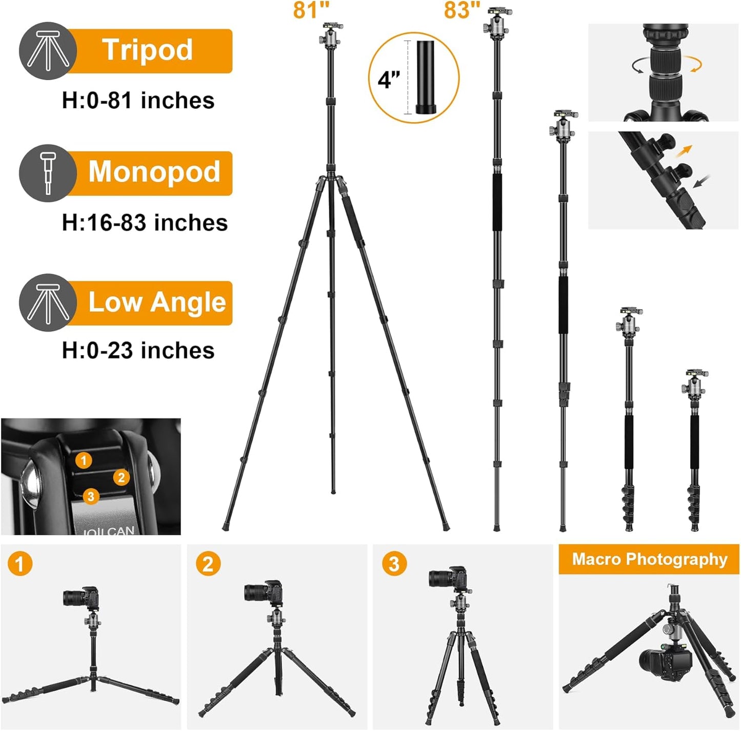 JOILCAN Tripod for Camera, 81" Aluminum Camera Tripod Monopod, Heavy Duty Travel Tripods for Spotting Scope Binoculars Laser Level, Payload 35Lb(US)