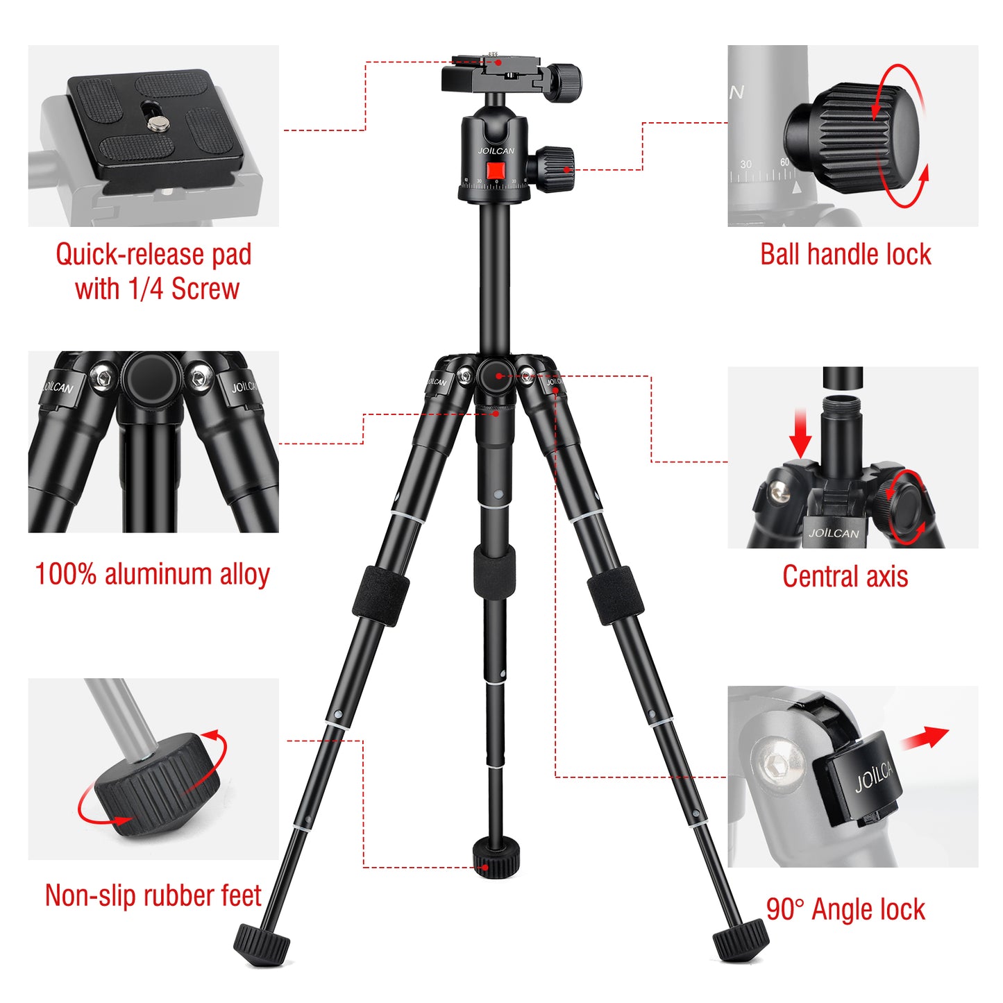 JOILCAN Mini Tripod for Camera, 21" Aluminum Desktop Tripod with 360° Ball Head, Portable Travel Tripods for DSLR Phone Projector, Load up to 15lb(US）