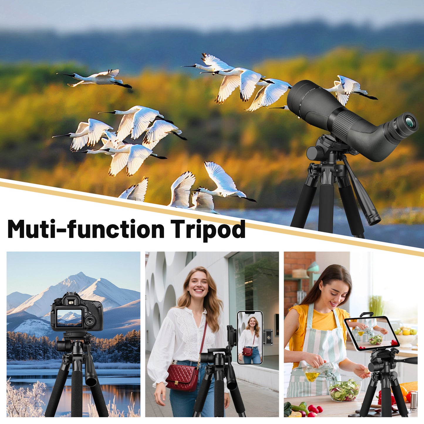 Spotting Scope Tripod, 67" Binocular Tripod with Binocular Adapter, 2 QR Plates, Phone/Tablet Holder & Travel Bag, Compatible with Camera/Phone for Bird Watching, Wildlife Observing(US)