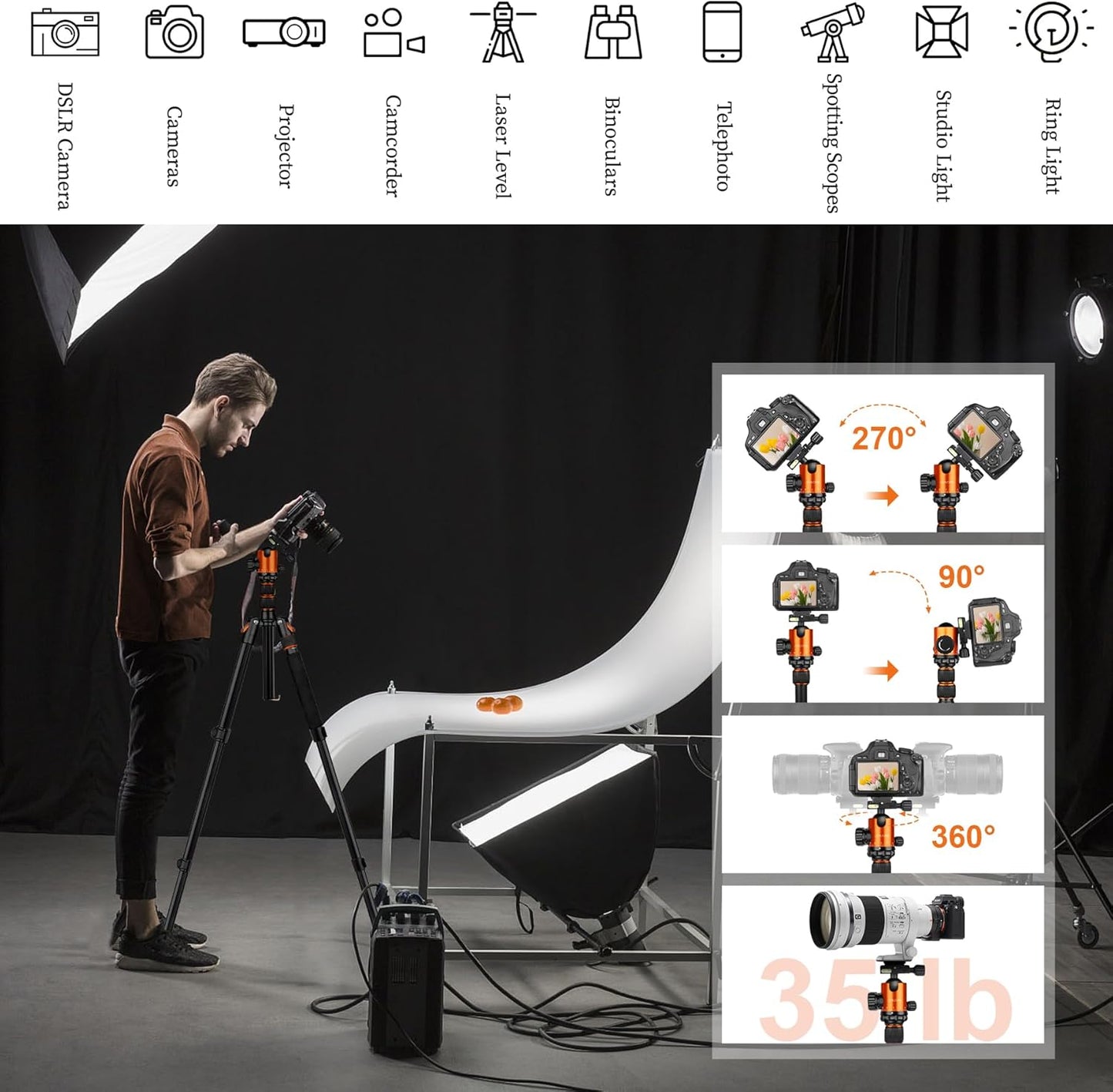 JOILCAN Tripod for Camera, 81" Aluminum Camera Tripod Stand, 83" DSLR Tripods & Monopods, Heavy Duty Travel Tripod for Binoculars Spotting Scope Telescope, Max Load 35lb(US）